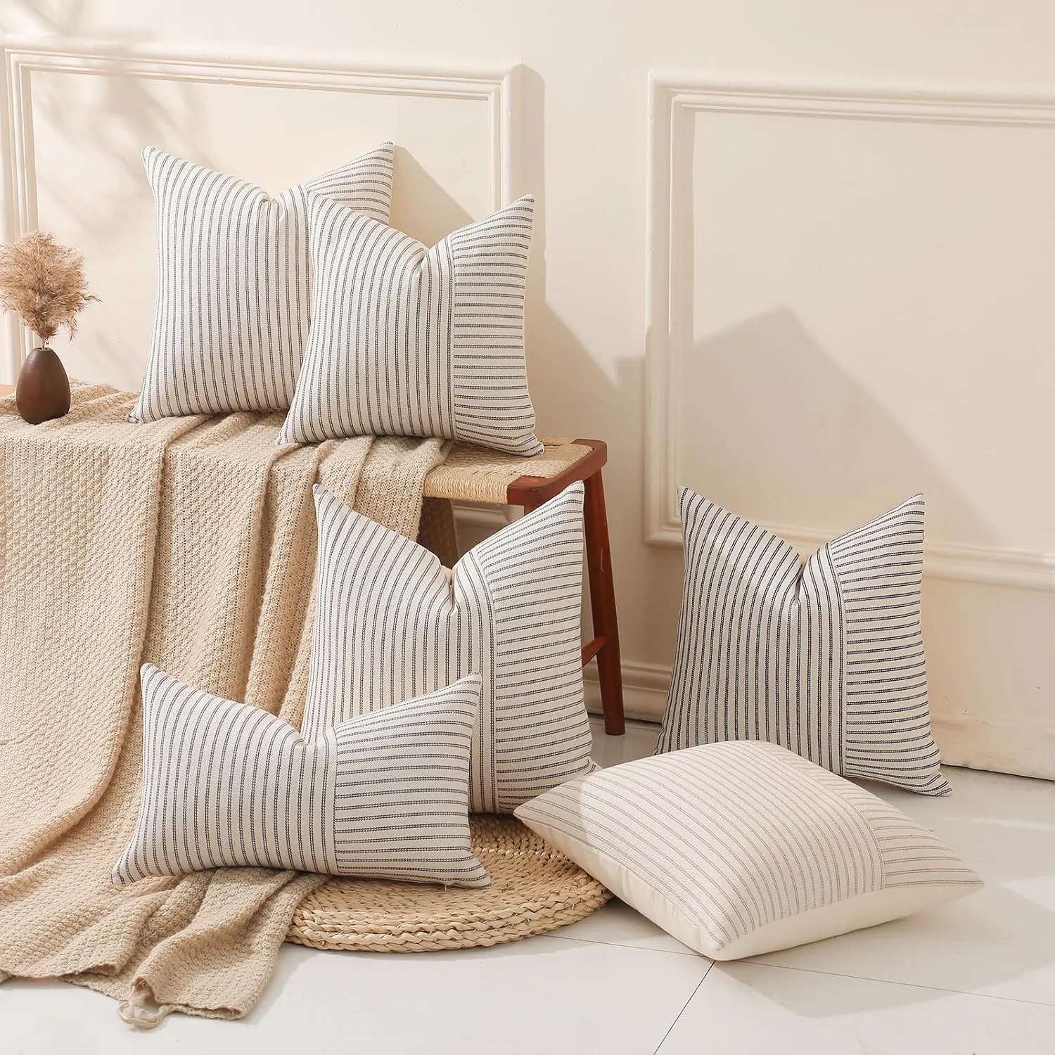 Hckot Grey and Beige Patchwork Farmhouse Throw Pillow Covers 20 x 20 Inch, Pack of 2 Striped Linen Decorative Pillow Case for Sofa Couch Chair Bedroom Modern Decor (20" x 20", Grey)