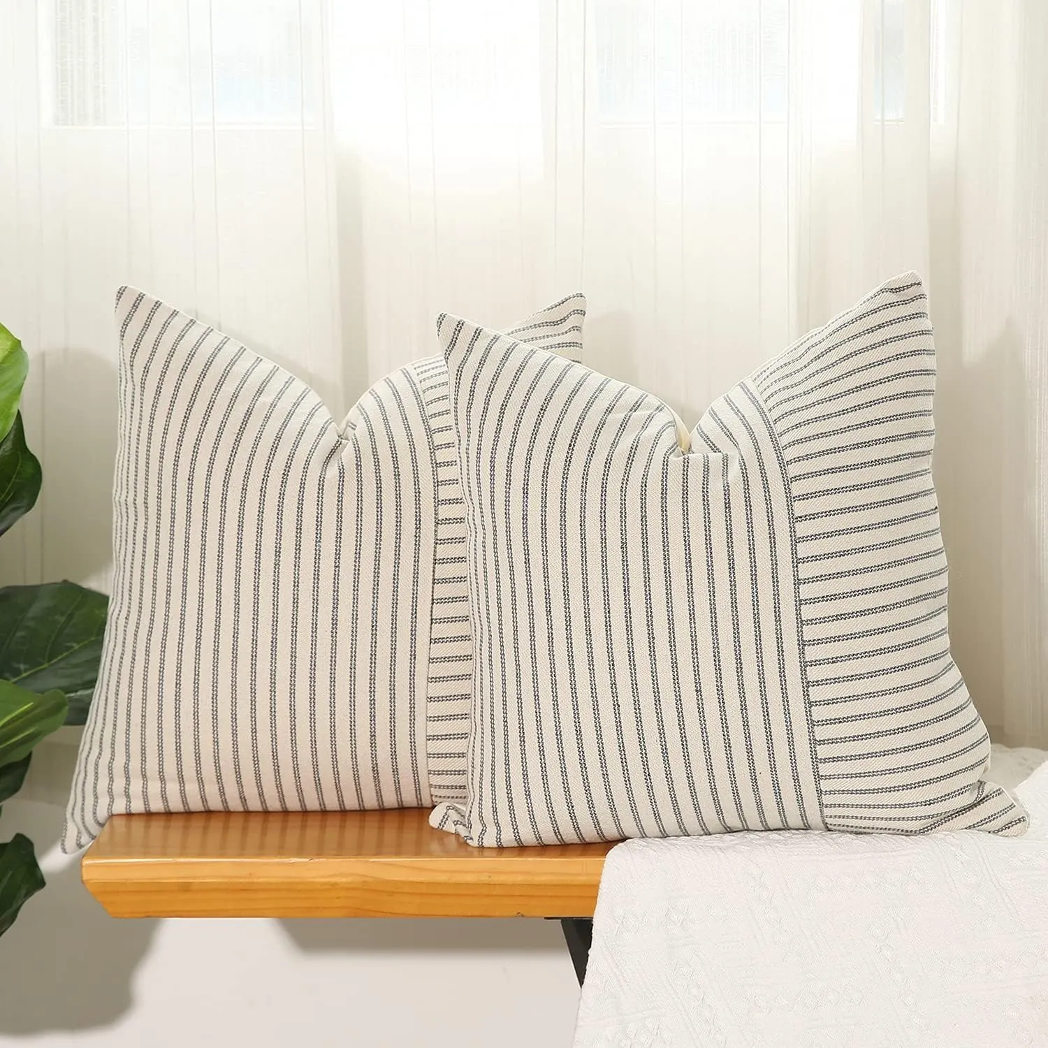Hckot Grey and Beige Patchwork Farmhouse Throw Pillow Covers 20 x 20 Inch, Pack of 2 Striped Linen Decorative Pillow Case for Sofa Couch Chair Bedroom Modern Decor (20" x 20", Grey)