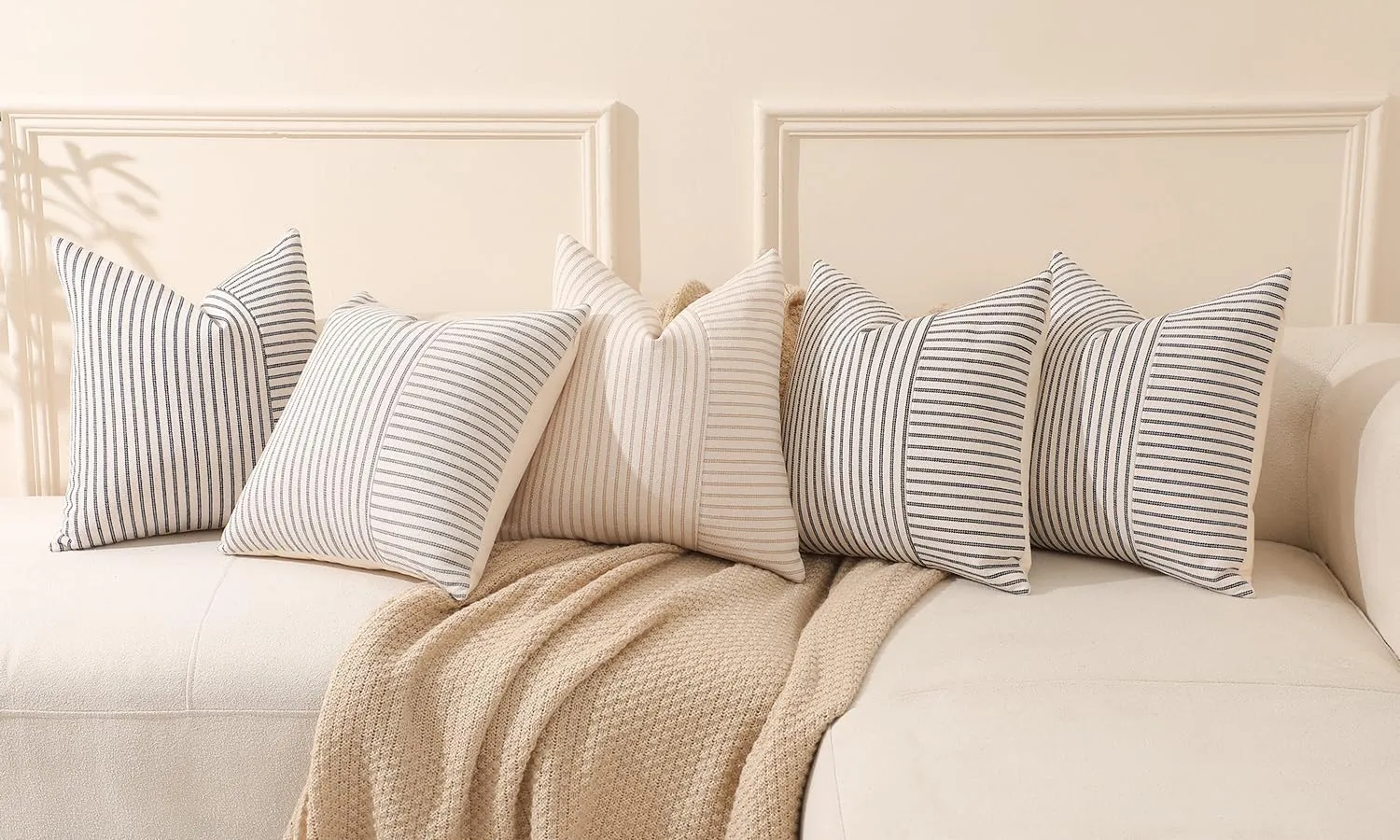 Hckot Grey and Beige Patchwork Farmhouse Throw Pillow Covers 20 x 20 Inch, Pack of 2 Striped Linen Decorative Pillow Case for Sofa Couch Chair Bedroom Modern Decor (20" x 20", Grey)