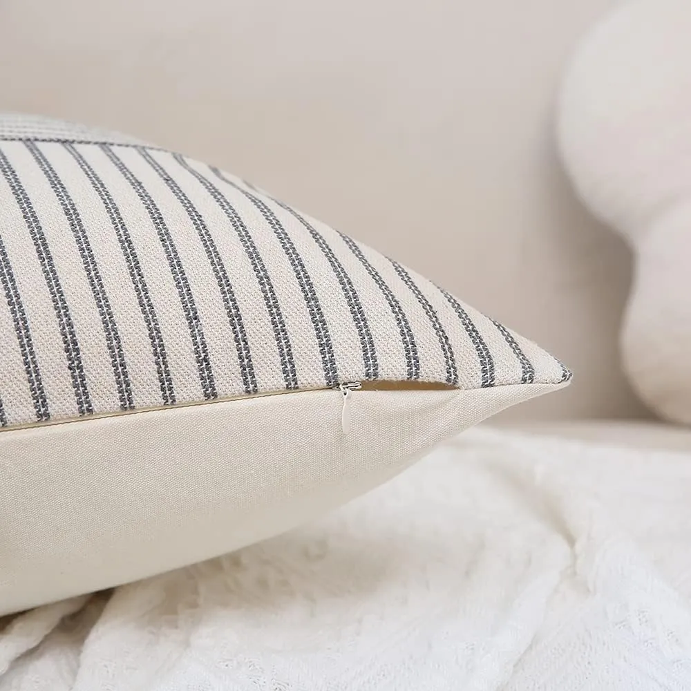 Hckot Grey and Beige Patchwork Farmhouse Throw Pillow Covers 20 x 20 Inch, Pack of 2 Striped Linen Decorative Pillow Case for Sofa Couch Chair Bedroom Modern Decor (20" x 20", Grey)