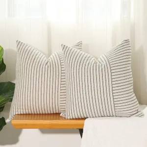 Hckot Grey and Beige Patchwork Farmhouse Throw Pillow Covers 20 x 20 Inch, Pack of 2 Striped Linen Decorative Pillow Case for Sofa Couch Chair Bedroom Modern Decor (20" x 20", Grey)