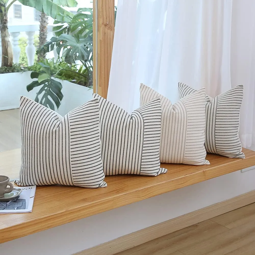 Hckot Grey and Beige Patchwork Farmhouse Throw Pillow Covers 20 x 20 Inch, Pack of 2 Striped Linen Decorative Pillow Case for Sofa Couch Chair Bedroom Modern Decor (20" x 20", Grey)