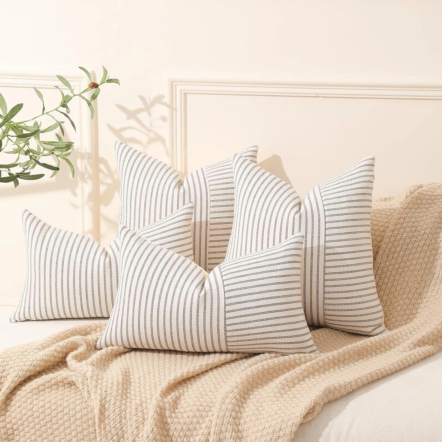Hckot Grey and Beige Patchwork Farmhouse Throw Pillow Covers 20 x 20 Inch, Pack of 2 Striped Linen Decorative Pillow Case for Sofa Couch Chair Bedroom Modern Decor (20" x 20", Grey)