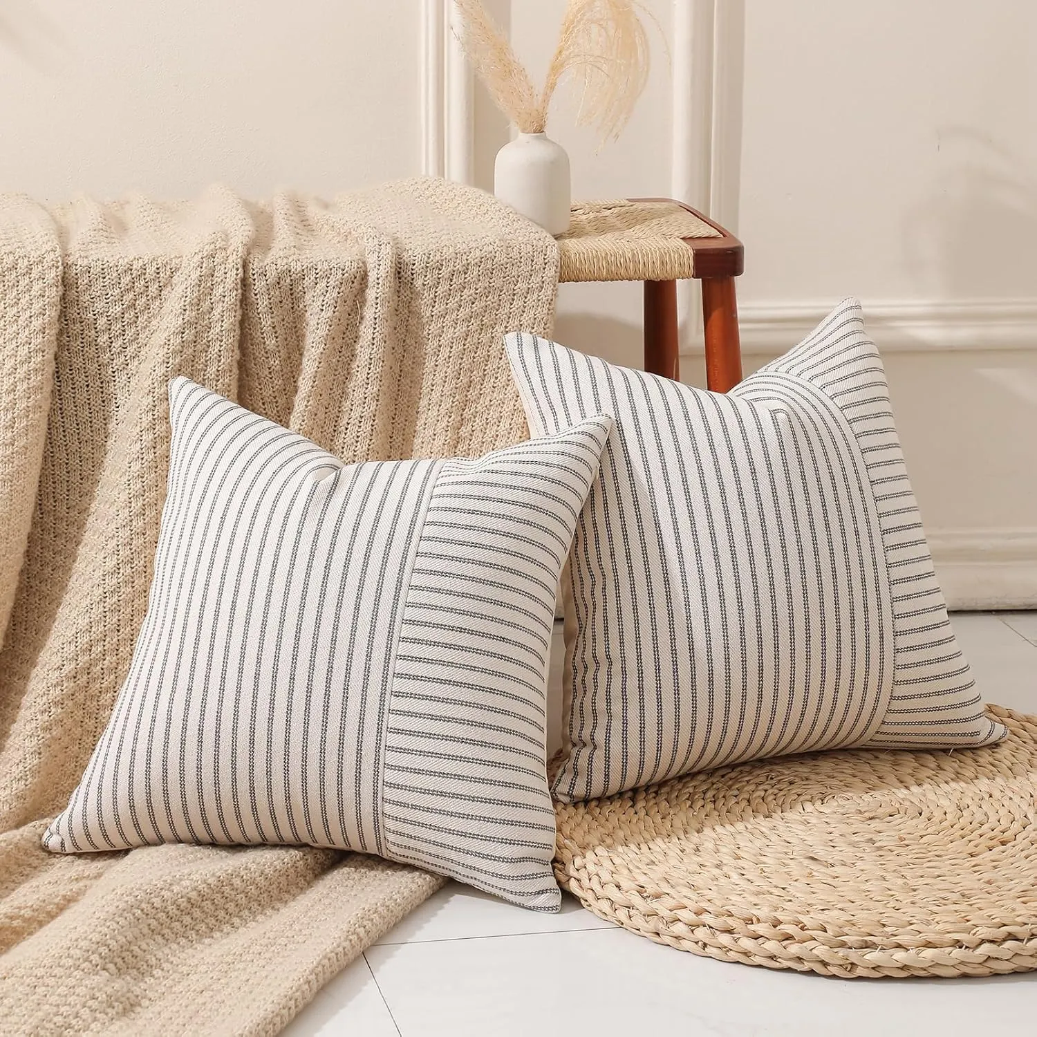 Hckot Grey and Beige Patchwork Farmhouse Throw Pillow Covers 20 x 20 Inch, Pack of 2 Striped Linen Decorative Pillow Case for Sofa Couch Chair Bedroom Modern Decor (20" x 20", Grey)