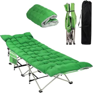 HEOMU Camping Cot with Mattress, 1200D Double Layer Oxford Max Load 600LBS Heavy Duty Portable Folding Bed with Carry Bag, Sleeping Cot for Adults Home Office Nap Outdoor Travel, Green