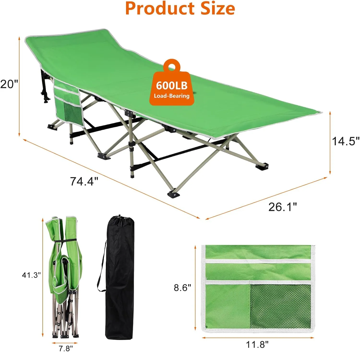 HEOMU Camping Cot with Mattress, 1200D Double Layer Oxford Max Load 600LBS Heavy Duty Portable Folding Bed with Carry Bag, Sleeping Cot for Adults Home Office Nap Outdoor Travel, Green