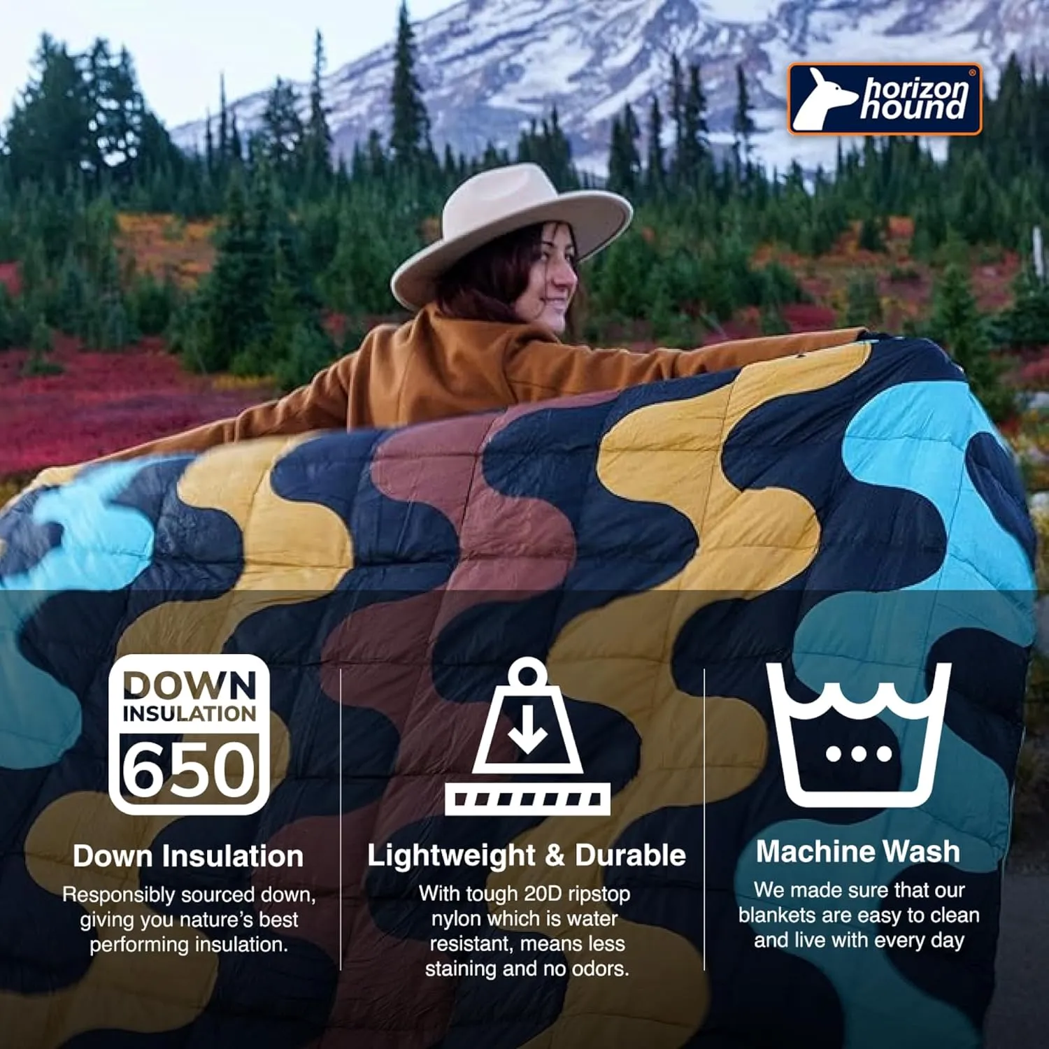 Horizon Hound Down Camping Blanket - Outdoor Travel Quilt | Sustainable, Insulated, Lightweight & Warm Gear for Sleep, Camping, Stadium, Hiking & Festivals | Water Resistant, Packable & Compact