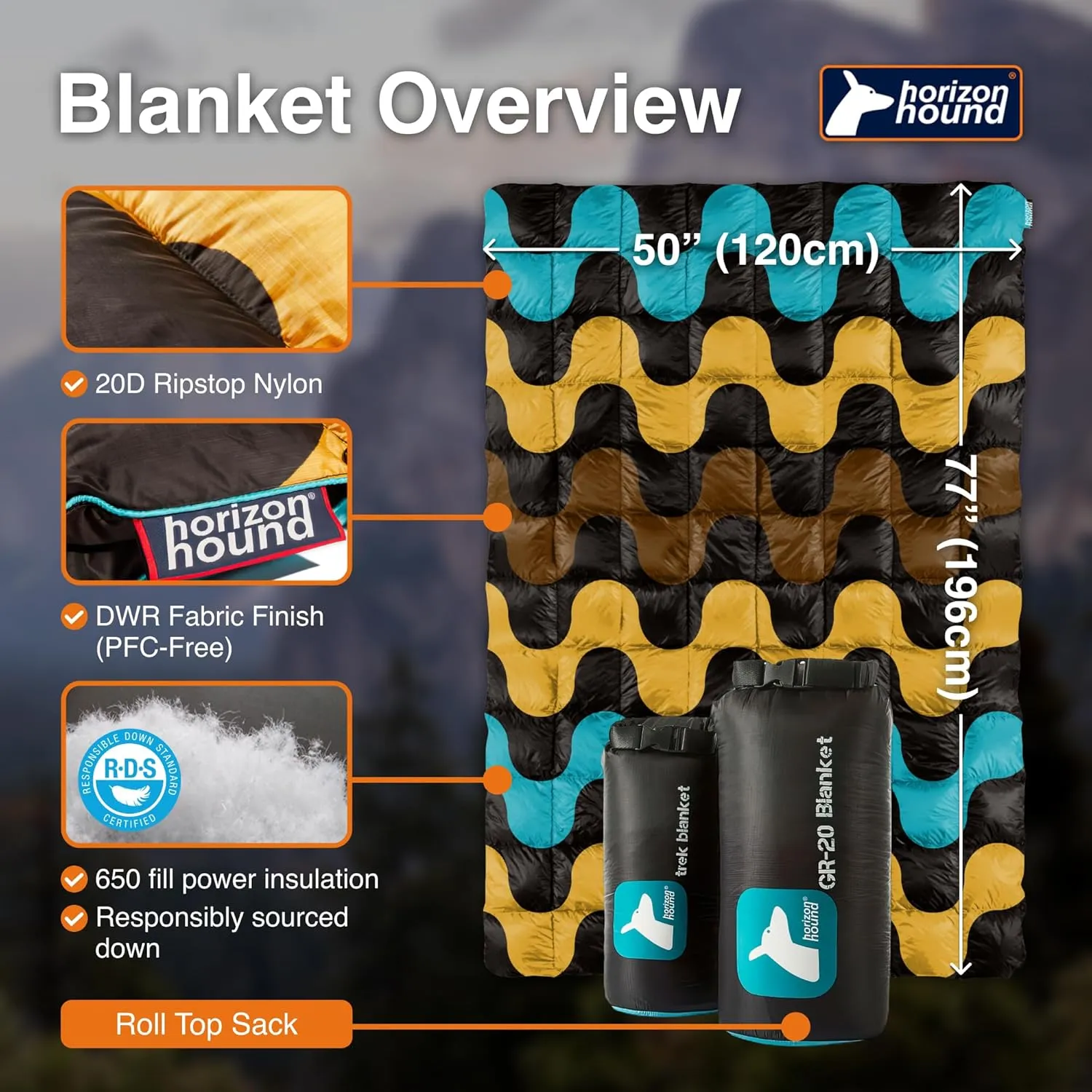 Horizon Hound Down Camping Blanket - Outdoor Travel Quilt | Sustainable, Insulated, Lightweight & Warm Gear for Sleep, Camping, Stadium, Hiking & Festivals | Water Resistant, Packable & Compact