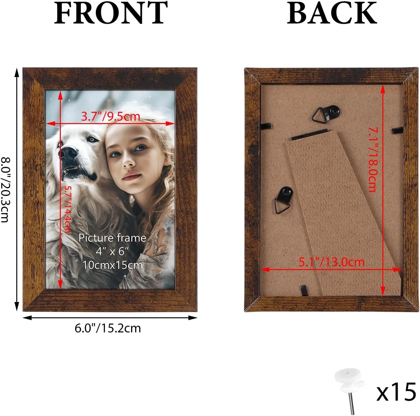 HORLIMER 4x6 Picture Frame Set of 15, Brown Picture Frames Display 4 by 6 Photo for Wall or Tabletop