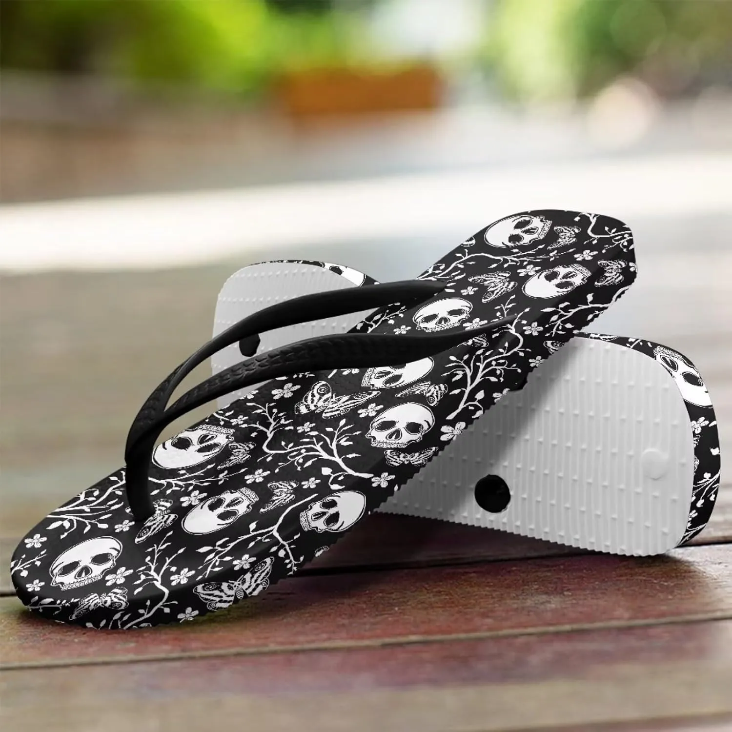 Howilath Gothic Skull Print Women Flip Flops Pool Beach Thong Sandals Soft Bathroom Shower Shoes with Arch Support