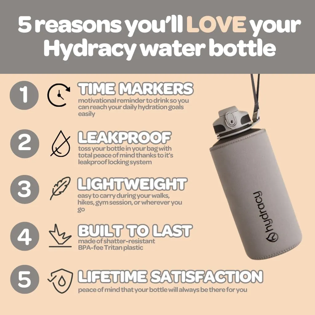 Hydracy Water Bottle with Time Marker -Large BPA Free Water Bottle & No Sweat Sleeve -Leak Proof Gym Bottle with Fruit Infuser Strainer & Times to Drink -Ideal for Fitness Sports & Outdoors