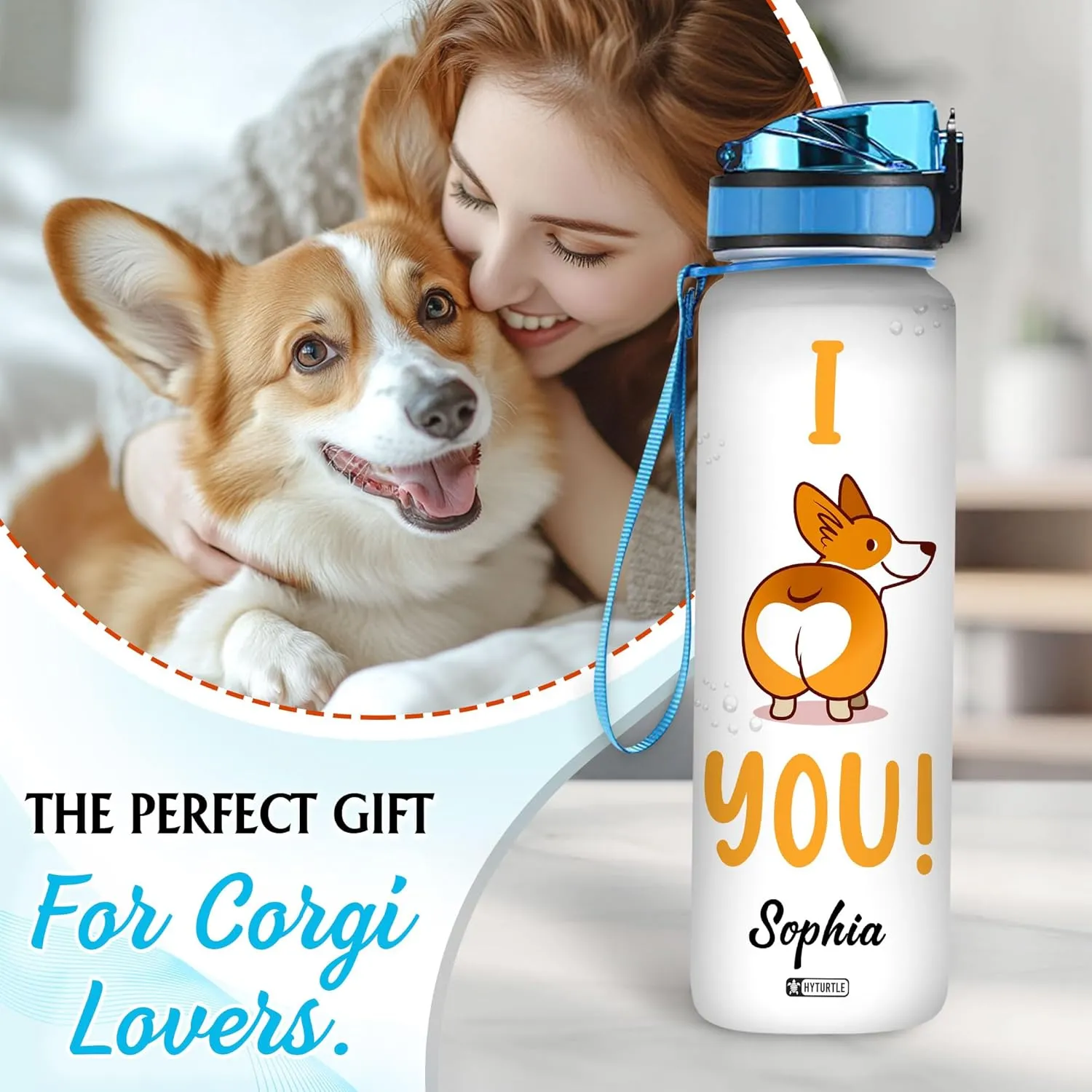 Hyturtle Personalized Corgi Water Bottle - 32oz Motivational Water Bottle with Leak-Proof Lid & Time Marker - Custom Name Gift for Corgi Lovers, Women, Girls, Pet Owners - Birthday & Christmas Gift