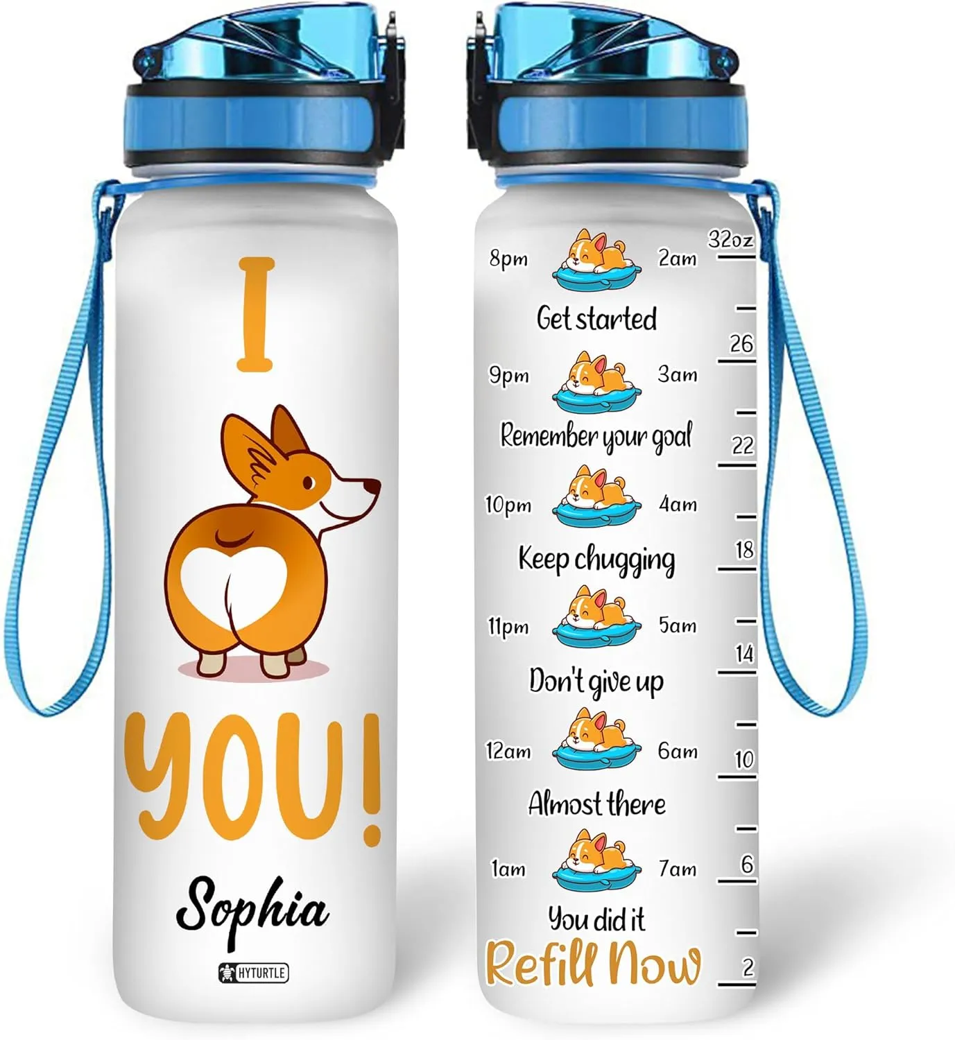 Hyturtle Personalized Corgi Water Bottle - 32oz Motivational Water Bottle with Leak-Proof Lid & Time Marker - Custom Name Gift for Corgi Lovers, Women, Girls, Pet Owners - Birthday & Christmas Gift