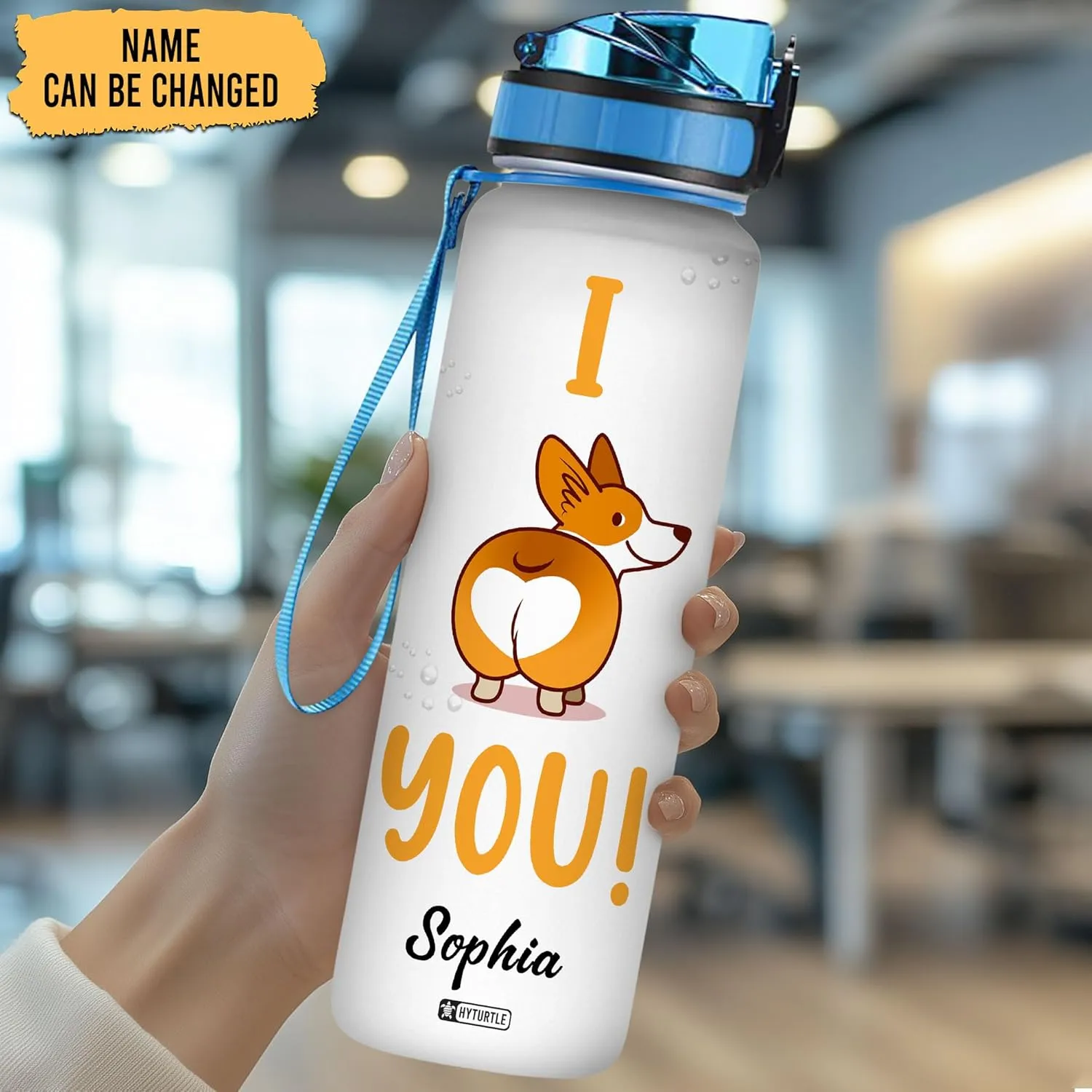 Hyturtle Personalized Corgi Water Bottle - 32oz Motivational Water Bottle with Leak-Proof Lid & Time Marker - Custom Name Gift for Corgi Lovers, Women, Girls, Pet Owners - Birthday & Christmas Gift