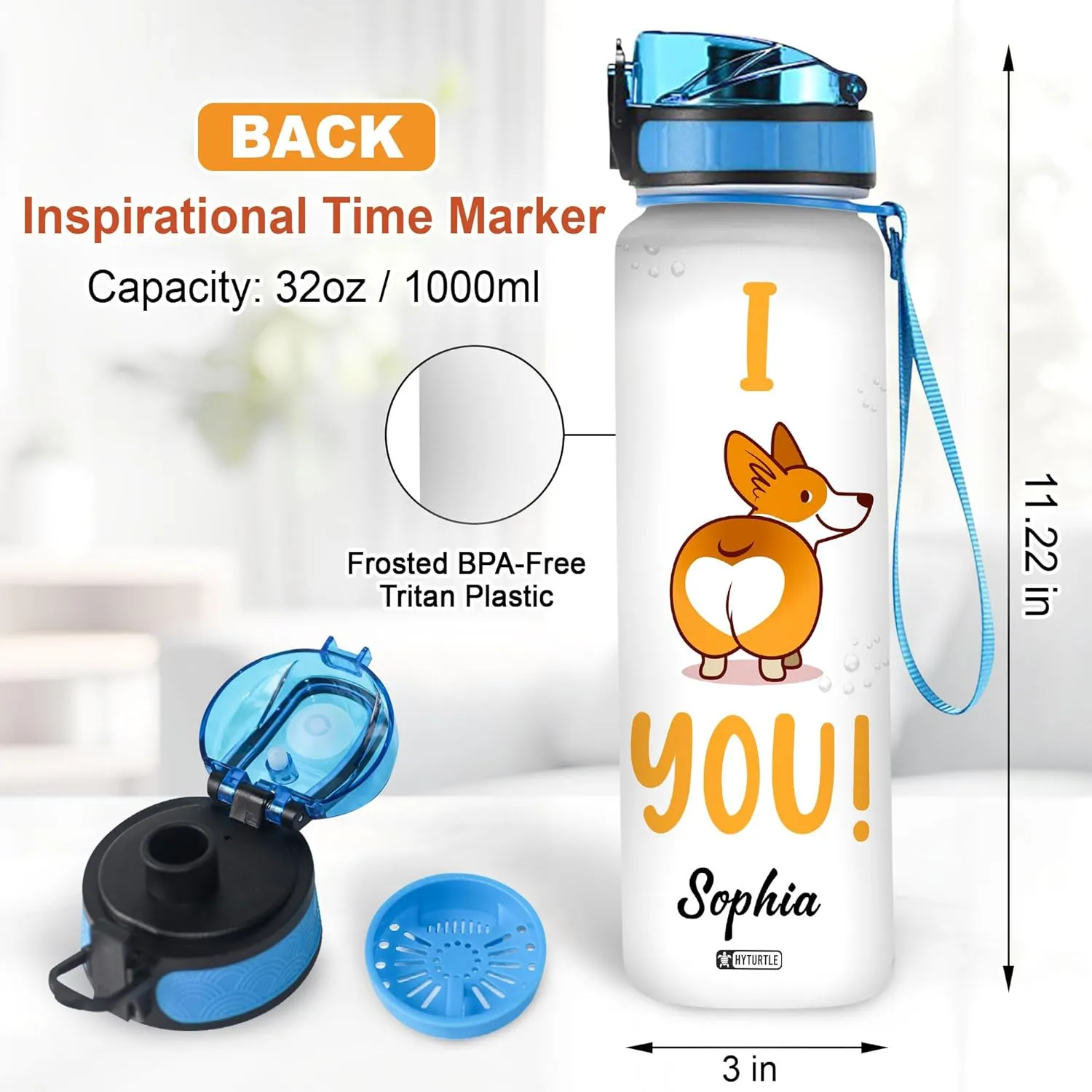 Hyturtle Personalized Corgi Water Bottle - 32oz Motivational Water Bottle with Leak-Proof Lid & Time Marker - Custom Name Gift for Corgi Lovers, Women, Girls, Pet Owners - Birthday & Christmas Gift