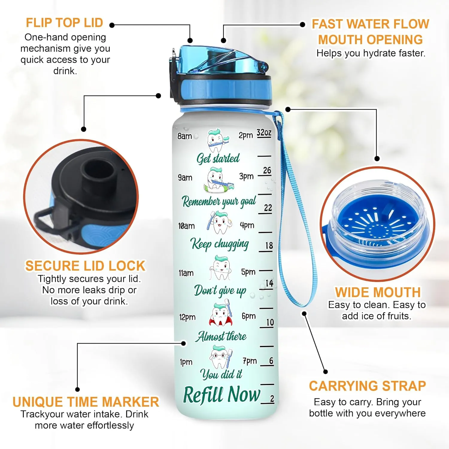 Hyturtle Personalized Dental Water Bottle - 32oz Motivational Water Bottle with Leak-Proof Lid & Time Marker - Custom Name Gift for Dentists, Dental Hygienists & Dental Students On Birthday Christmas
