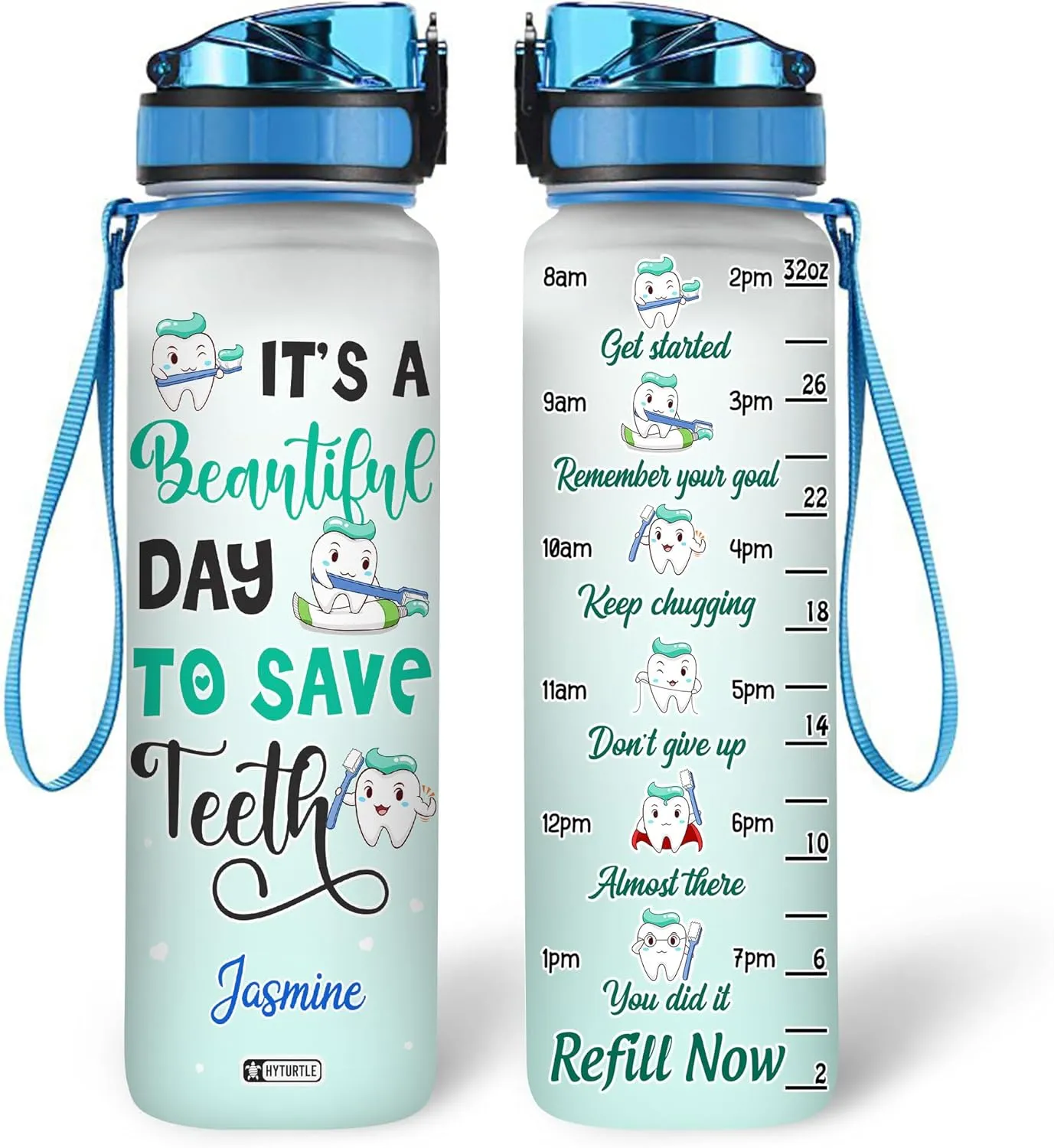 Hyturtle Personalized Dental Water Bottle - 32oz Motivational Water Bottle with Leak-Proof Lid & Time Marker - Custom Name Gift for Dentists, Dental Hygienists & Dental Students On Birthday Christmas