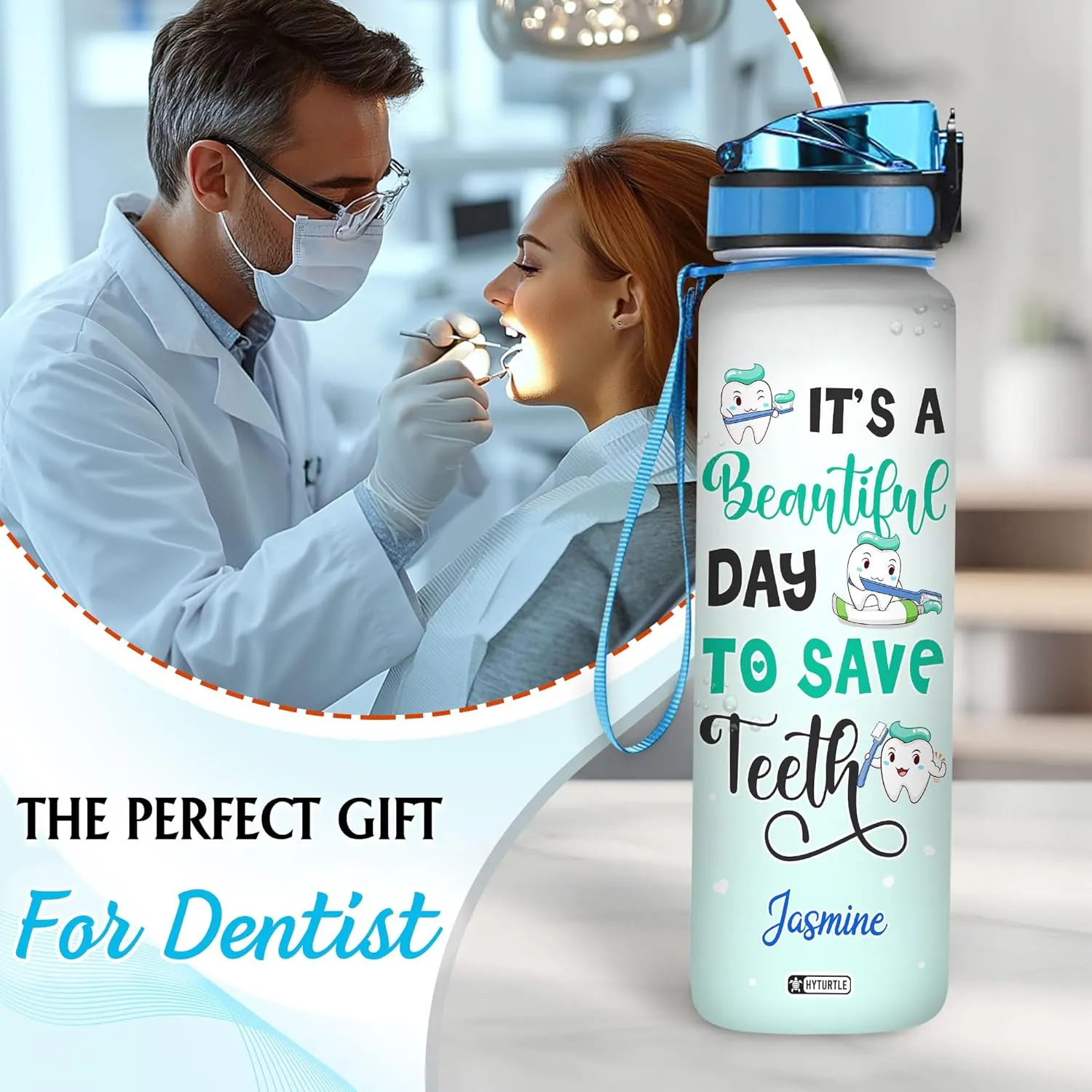 Hyturtle Personalized Dental Water Bottle - 32oz Motivational Water Bottle with Leak-Proof Lid & Time Marker - Custom Name Gift for Dentists, Dental Hygienists & Dental Students On Birthday Christmas