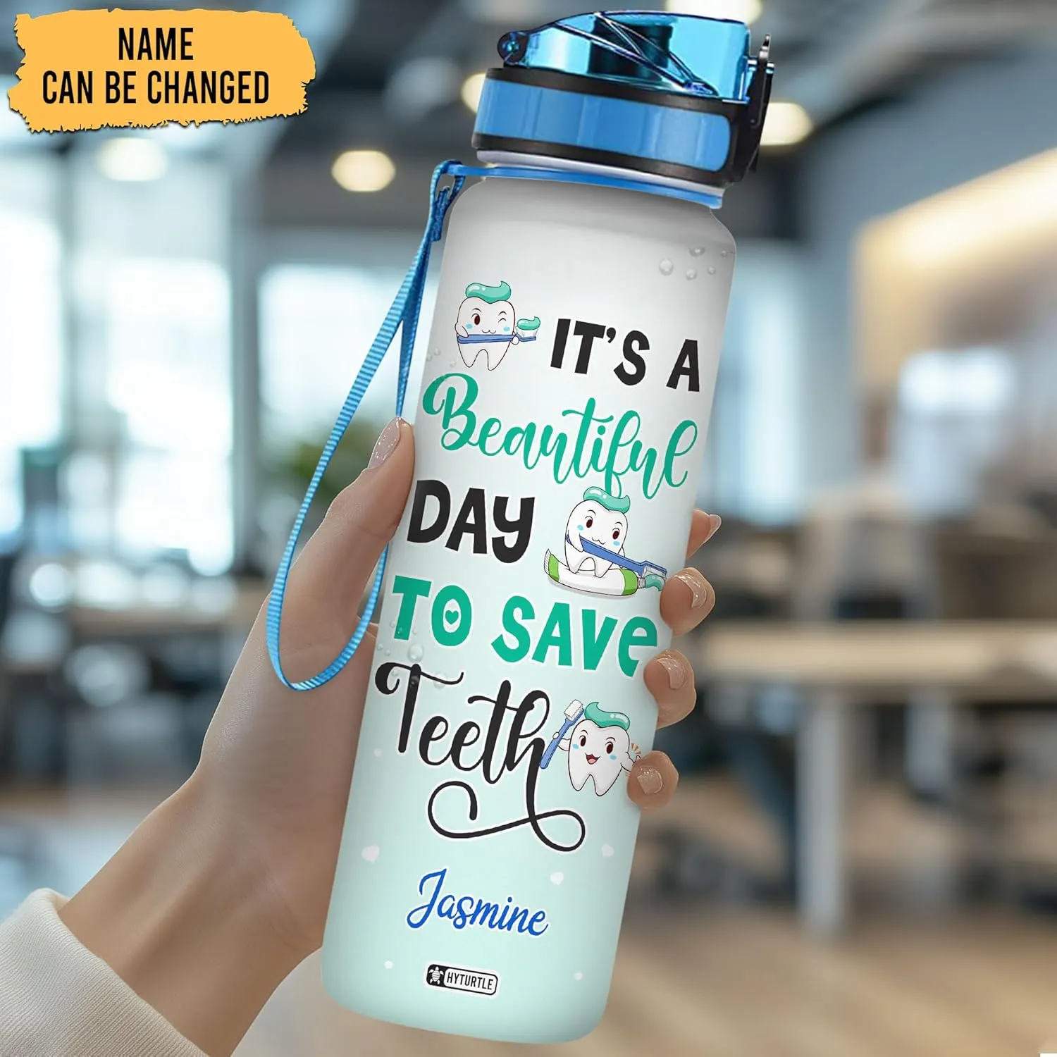 Hyturtle Personalized Dental Water Bottle - 32oz Motivational Water Bottle with Leak-Proof Lid & Time Marker - Custom Name Gift for Dentists, Dental Hygienists & Dental Students On Birthday Christmas