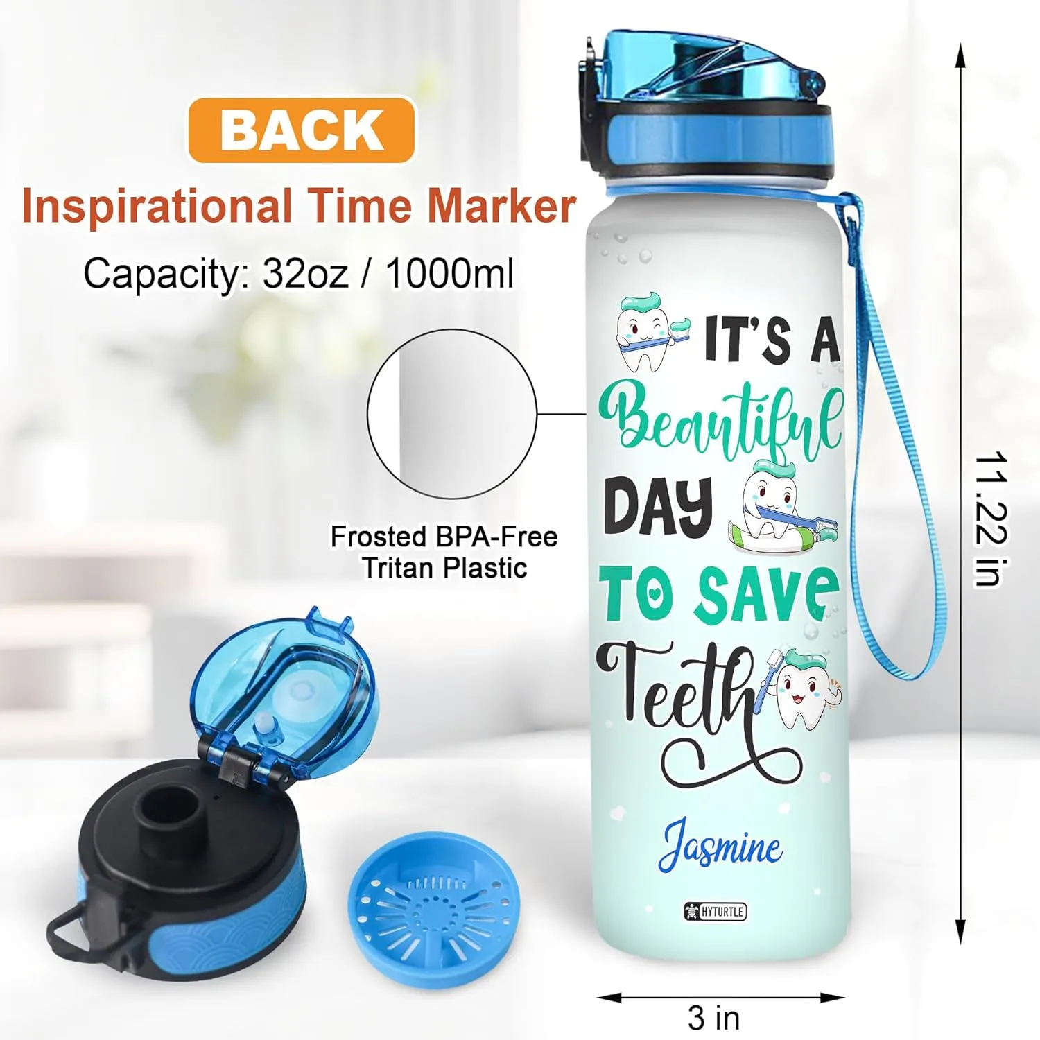 Hyturtle Personalized Dental Water Bottle - 32oz Motivational Water Bottle with Leak-Proof Lid & Time Marker - Custom Name Gift for Dentists, Dental Hygienists & Dental Students On Birthday Christmas