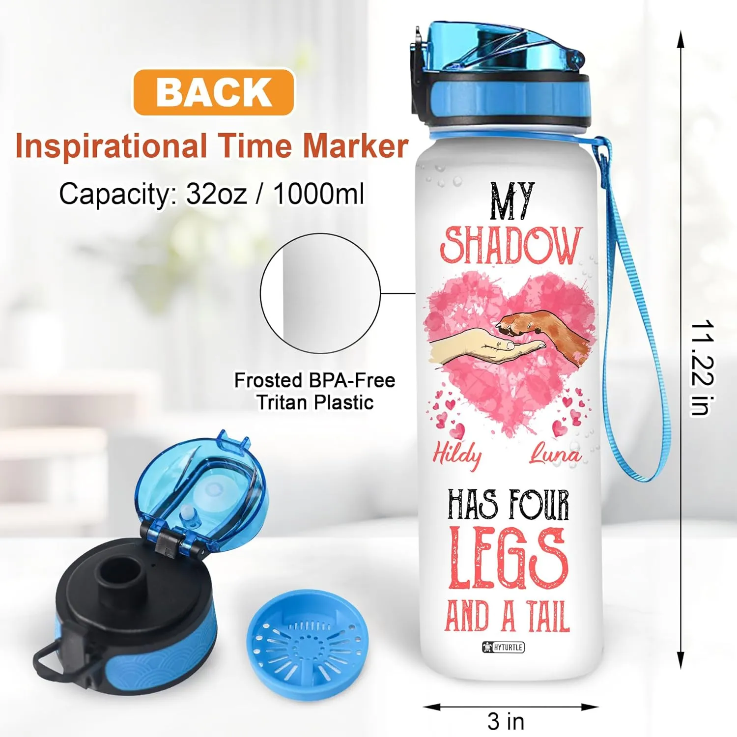 Hyturtle Personalized Dog Water Bottle - 32oz Motivational Water Bottle with Leak-Proof Lid & Time Marker - Custom Name Gift for Dog Lovers, Women, Girls, Pet Owners - Birthday & Christmas Gift