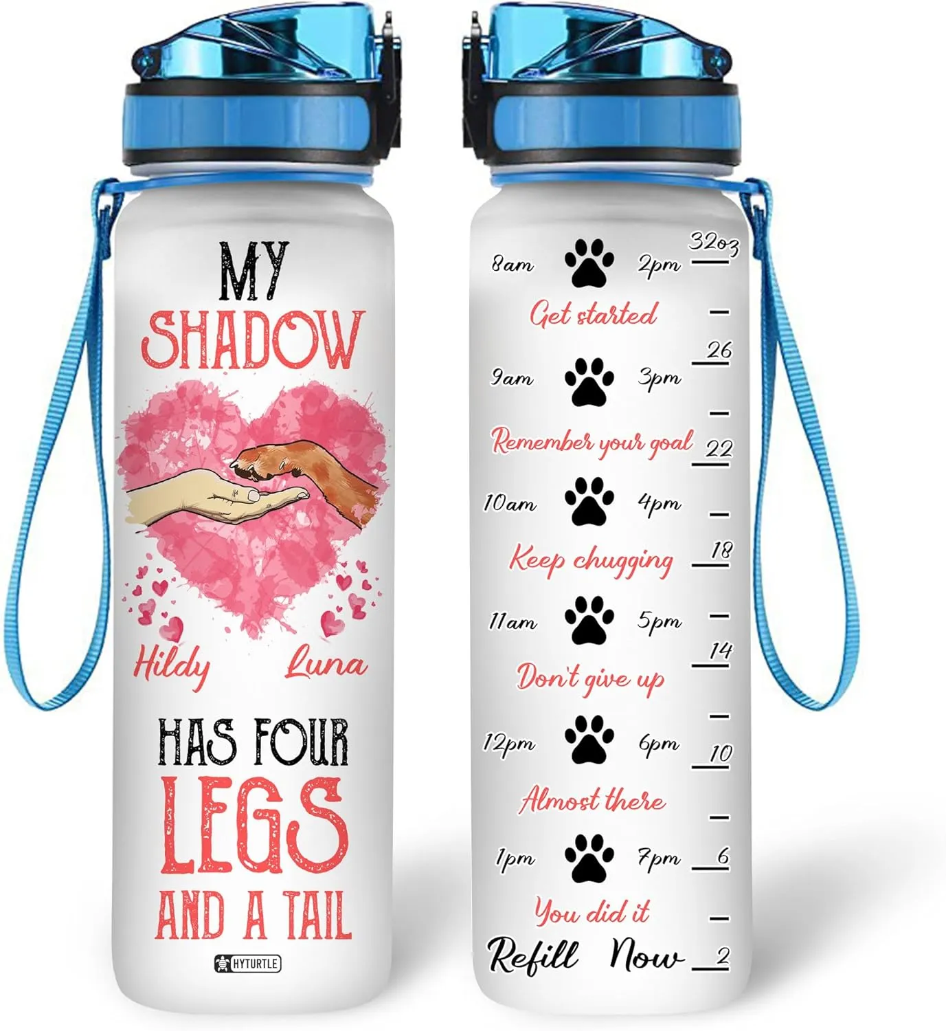 Hyturtle Personalized Dog Water Bottle - 32oz Motivational Water Bottle with Leak-Proof Lid & Time Marker - Custom Name Gift for Dog Lovers, Women, Girls, Pet Owners - Birthday & Christmas Gift