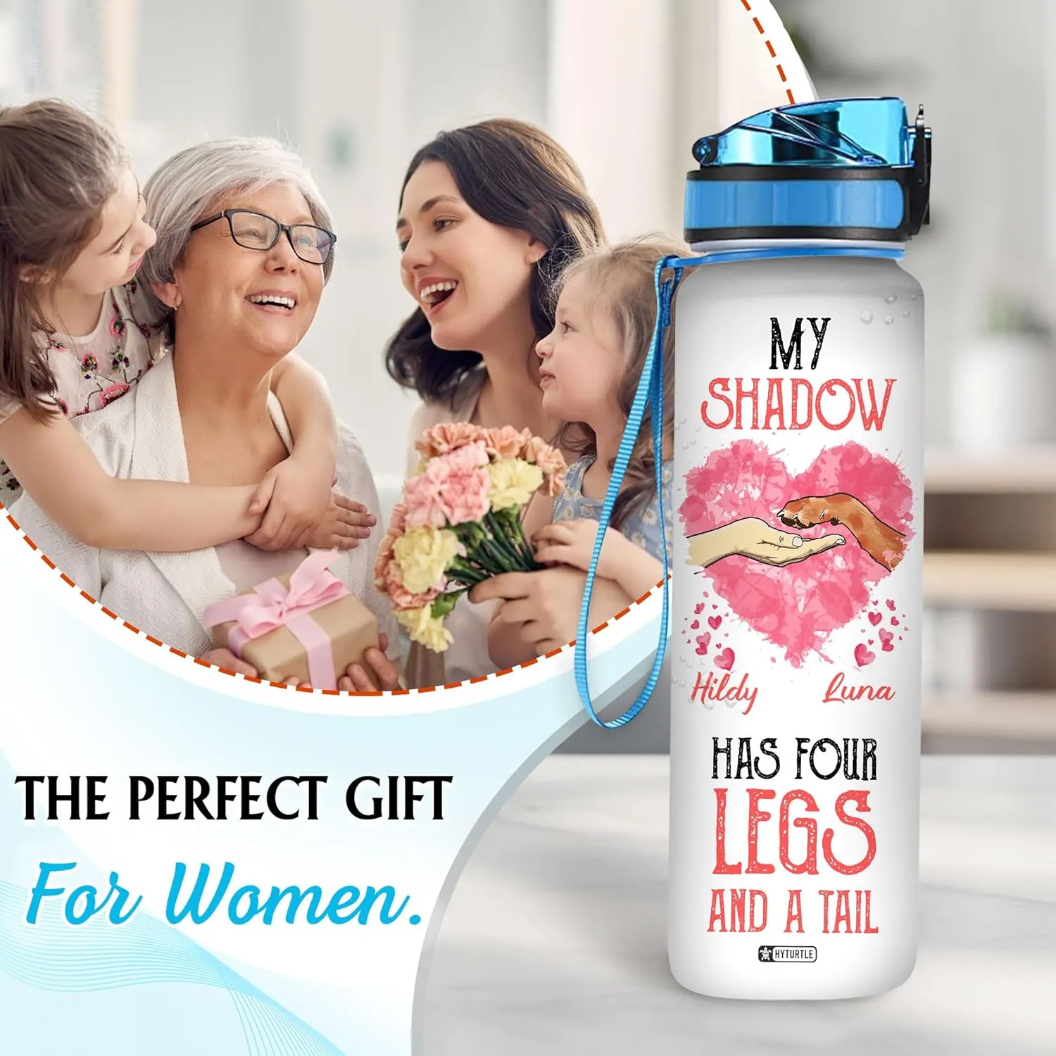 Hyturtle Personalized Dog Water Bottle - 32oz Motivational Water Bottle with Leak-Proof Lid & Time Marker - Custom Name Gift for Dog Lovers, Women, Girls, Pet Owners - Birthday & Christmas Gift