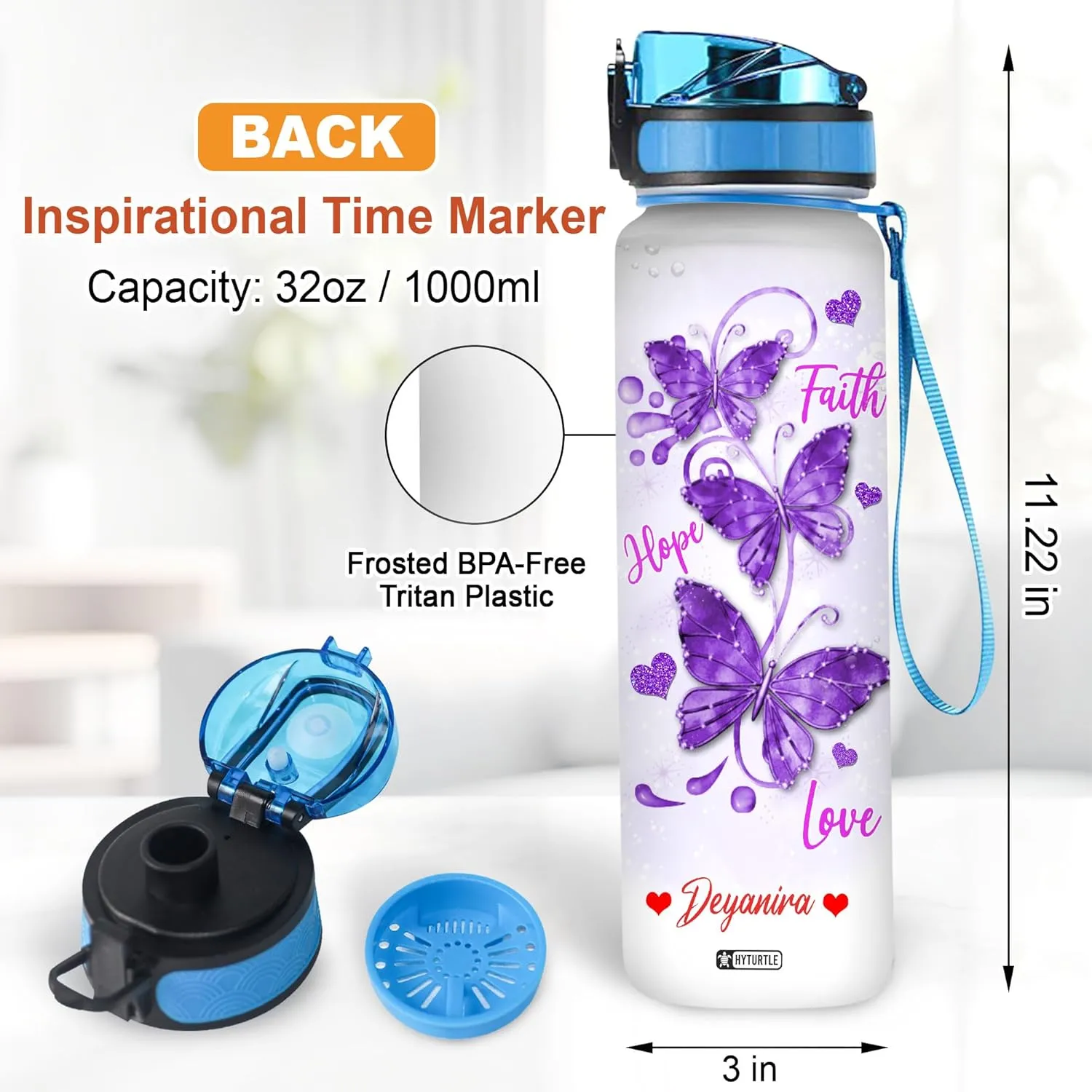 Hyturtle Personalized Purple Butterfly Water Bottle - 32oz Motivational Water Bottle with Leak-Proof Lid & Time Marker - Custom Name Gift for Butterfly Christ Lovers Women - Birthday & Christmas Gift