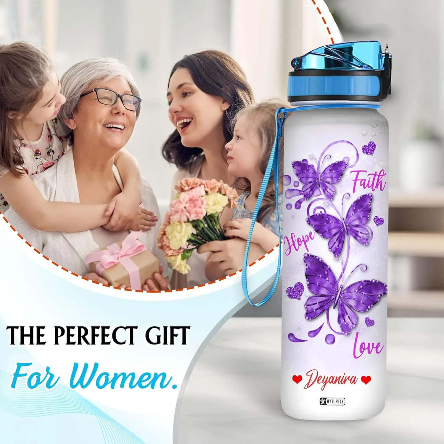 Hyturtle Personalized Purple Butterfly Water Bottle - 32oz Motivational Water Bottle with Leak-Proof Lid & Time Marker - Custom Name Gift for Butterfly Christ Lovers Women - Birthday & Christmas Gift