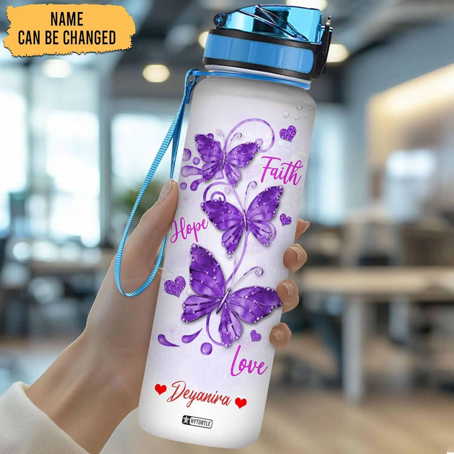 Hyturtle Personalized Purple Butterfly Water Bottle - 32oz Motivational Water Bottle with Leak-Proof Lid & Time Marker - Custom Name Gift for Butterfly Christ Lovers Women - Birthday & Christmas Gift