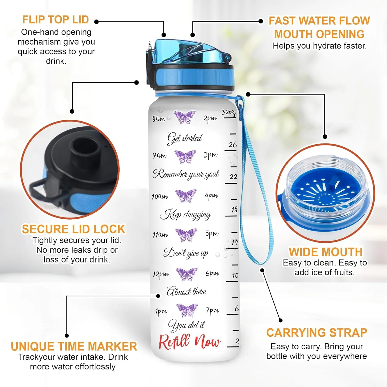 Hyturtle Personalized Purple Butterfly Water Bottle - 32oz Motivational Water Bottle with Leak-Proof Lid & Time Marker - Custom Name Gift for Butterfly Christ Lovers Women - Birthday & Christmas Gift