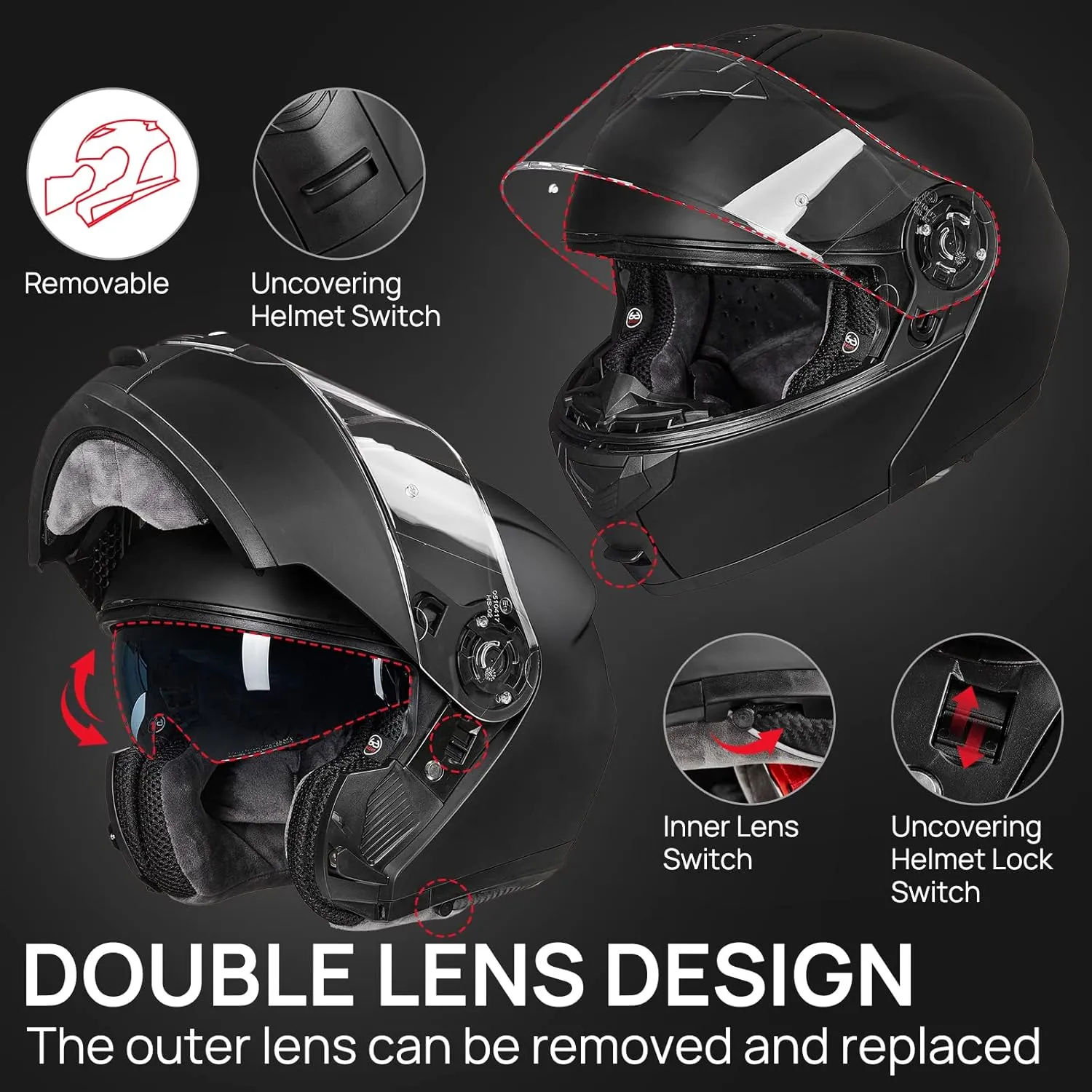ILM Adult Motorcycle Modular Full Face Helmet Flip up Dual Visor DOT Approved Model 159(Matte Black,Large)