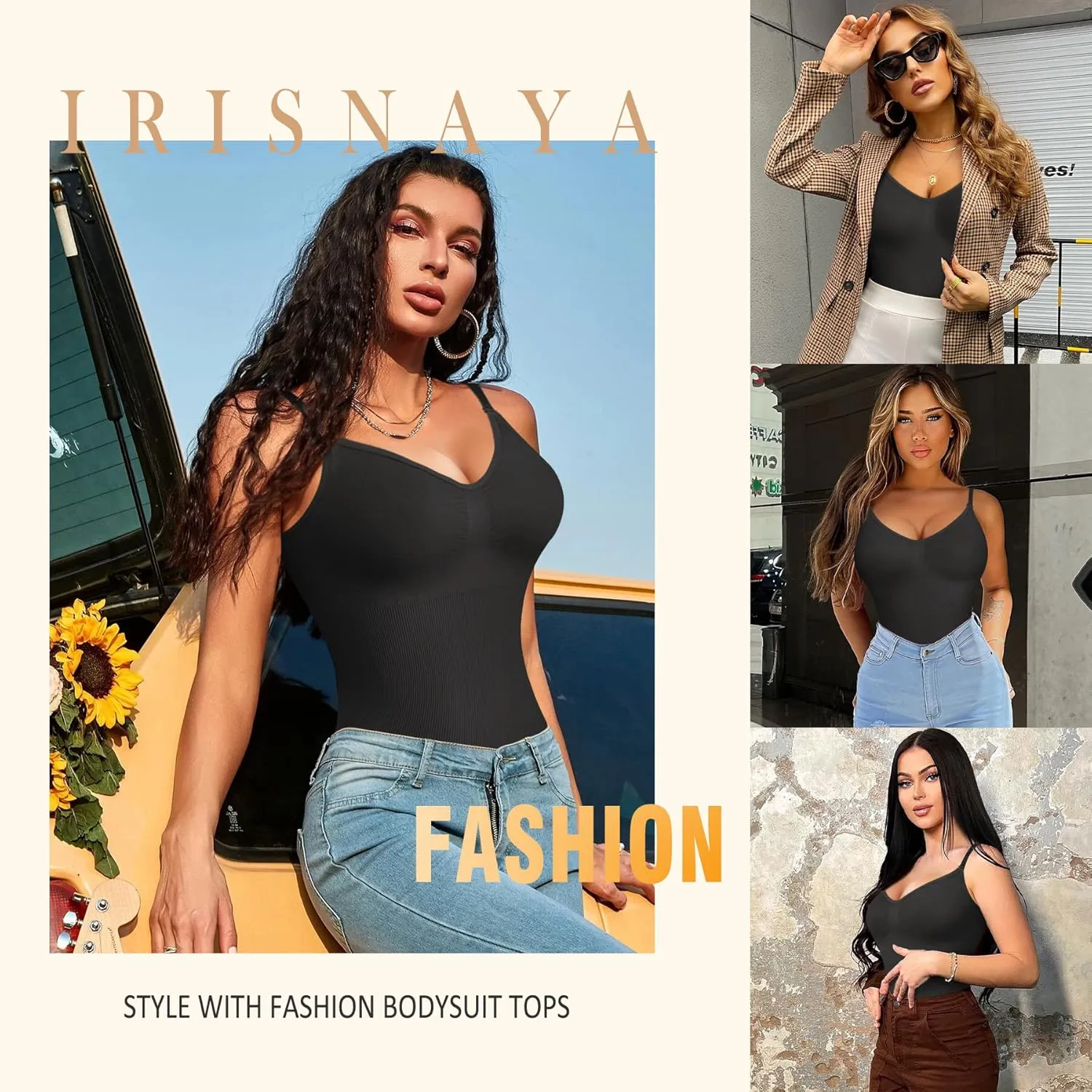 Irisnaya Women Slimming Bodysuits Shapewear Tops Tummy Control Body Shaper Spaghetti Strap Camisole Leotards Bodycon Jumpsuit