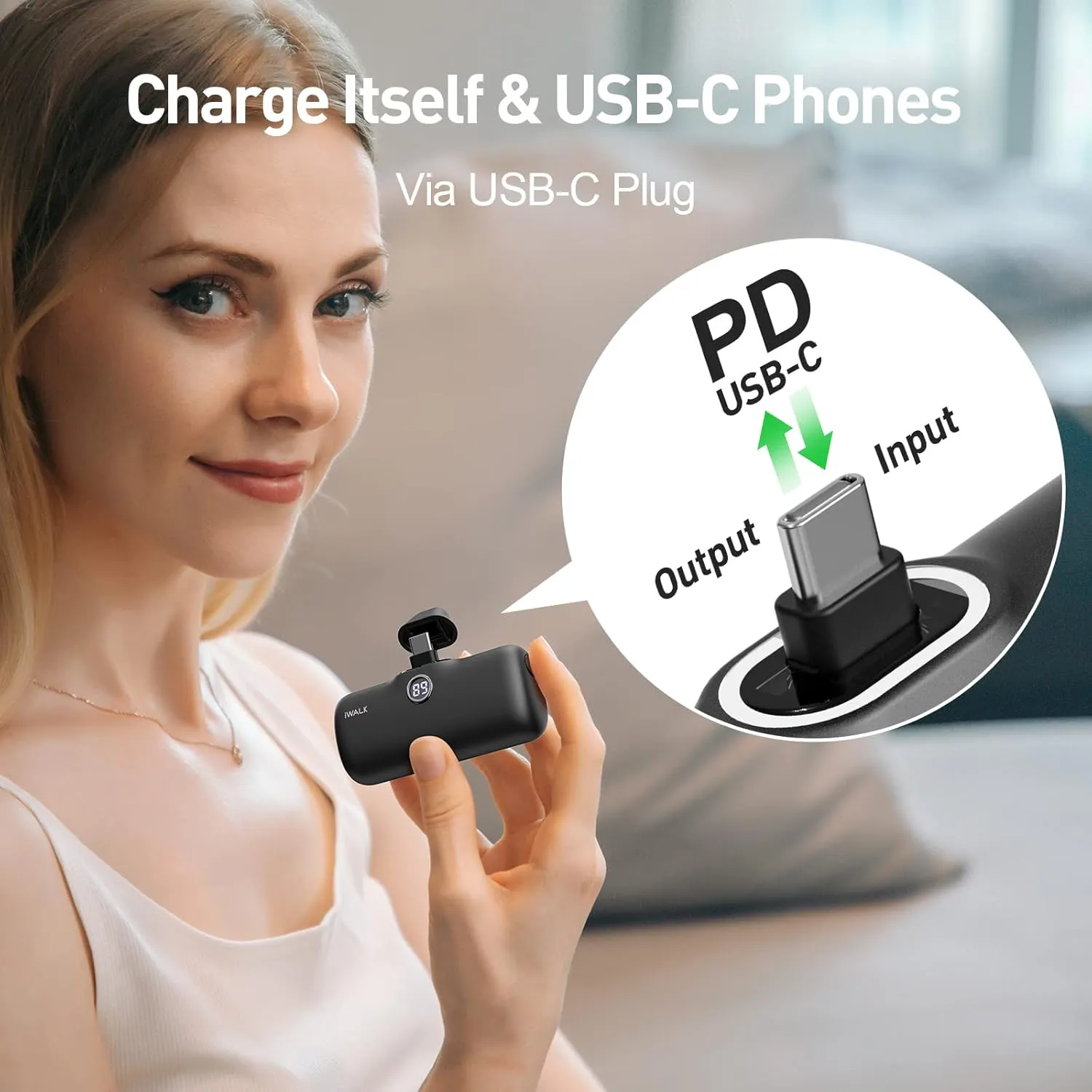 iWALK Small Portable Charger, 4800mAh 18W PD Fast Charging Power Bank with Built-in USB-C Connector, External Mini Battery Pack for Samsung Galaxy Z Flip, S24/S23, Android, iPhone 15/Pro/Max, Black