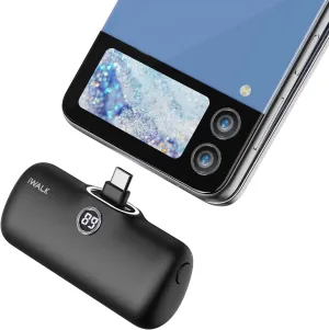 iWALK Small Portable Charger, 4800mAh 18W PD Fast Charging Power Bank with Built-in USB-C Connector, External Mini Battery Pack for Samsung Galaxy Z Flip, S24/S23, Android, iPhone 15/Pro/Max, Black