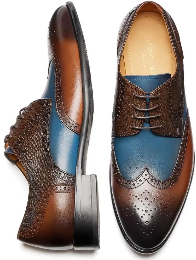 Jepsengord Men's Dress Shoes Wingtip Genuine Cowhide Leather Oxfords with Brogue Formal Business Wedding Derby Shoes