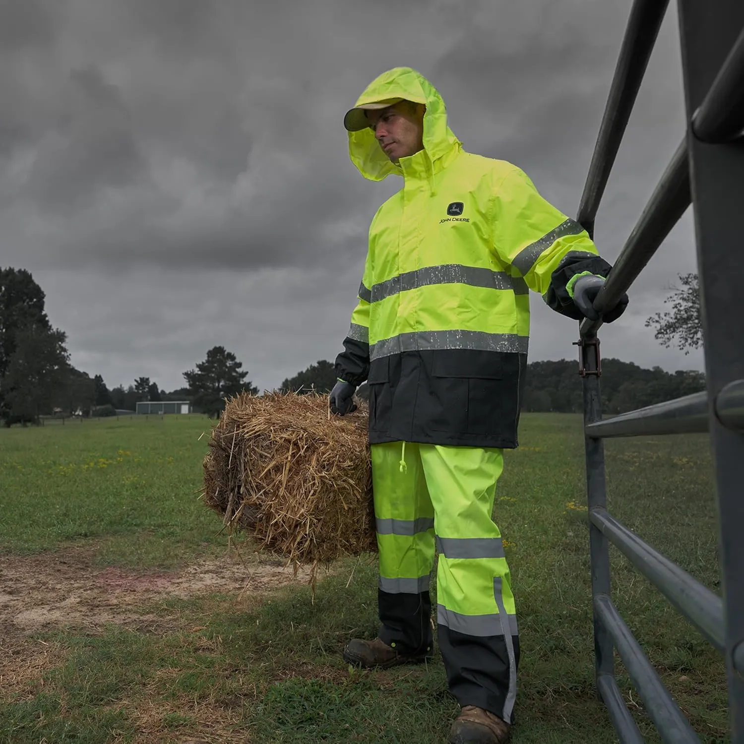 John Deere Hi-Visibility Rain Suit, ANSI Class 3, Poly Oxford with PU Backing, Hi-Vis Yellow/Black