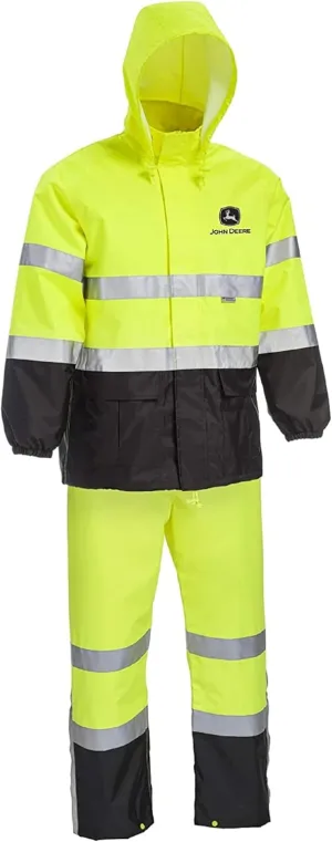 John Deere Hi-Visibility Rain Suit, ANSI Class 3, Poly Oxford with PU Backing, Hi-Vis Yellow/Black