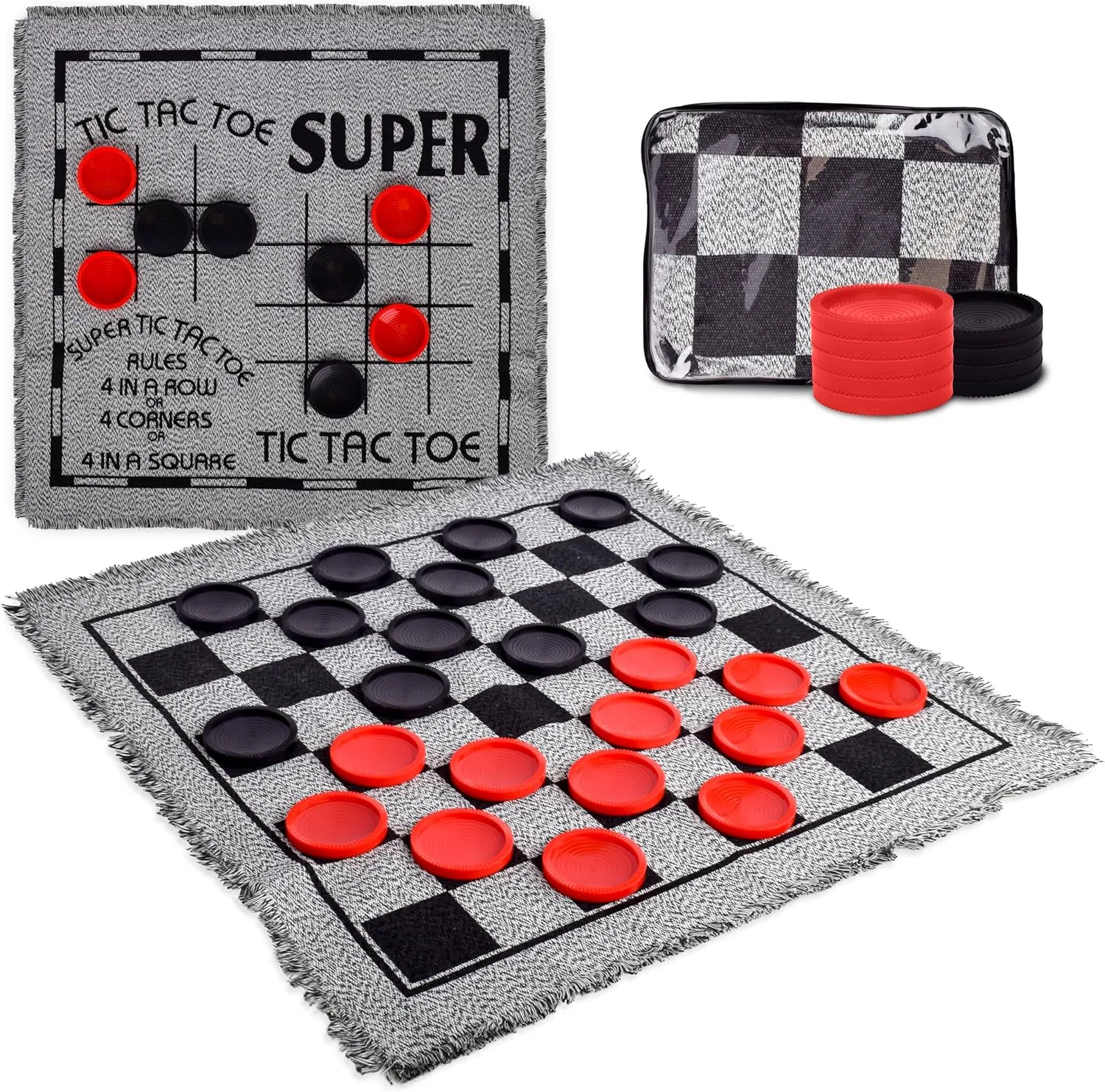 Jumbo Checkers Set with Double Sided Cloth Mat and Storage Bag – Includes 25 Extra Large Play Pieces for Outdoor & Indoor Family Events, Includes Tic Tac Toe Bonus Game