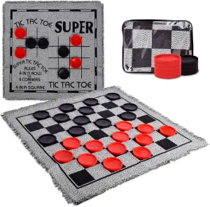 Jumbo Checkers Set with Double Sided Cloth Mat and Storage Bag – Includes 25 Extra Large Play Pieces for Outdoor & Indoor Family Events, Includes Tic Tac Toe Bonus Game