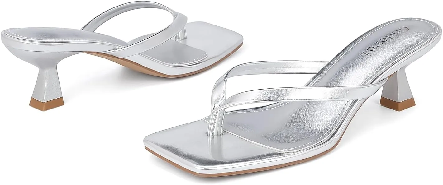 Kitten Flip Flop Thong Low Heels for Women Square Open Toe Slip On Heeled Sandals