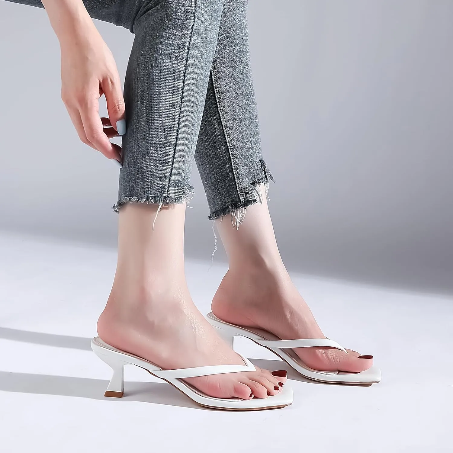 Kitten Flip Flop Thong Low Heels for Women Square Open Toe Slip On Heeled Sandals