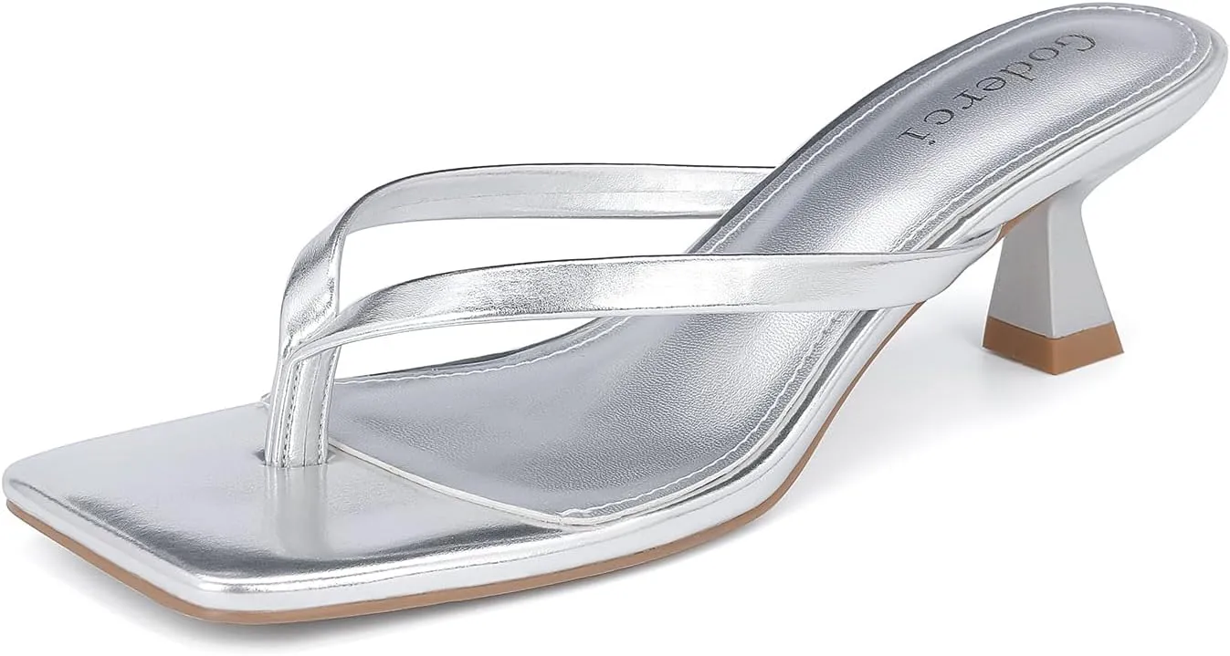 Kitten Flip Flop Thong Low Heels for Women Square Open Toe Slip On Heeled Sandals