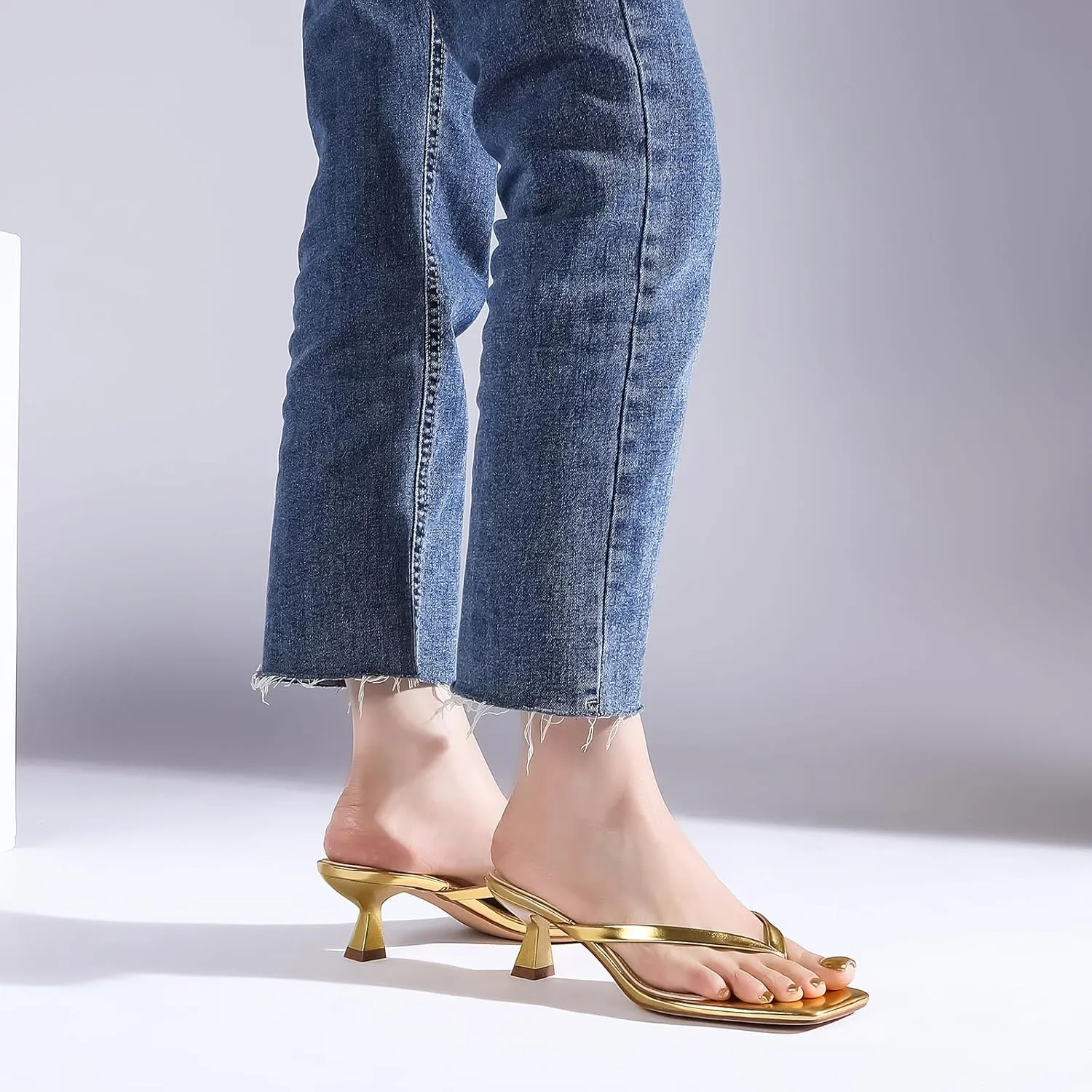 Kitten Flip Flop Thong Low Heels for Women Square Open Toe Slip On Heeled Sandals