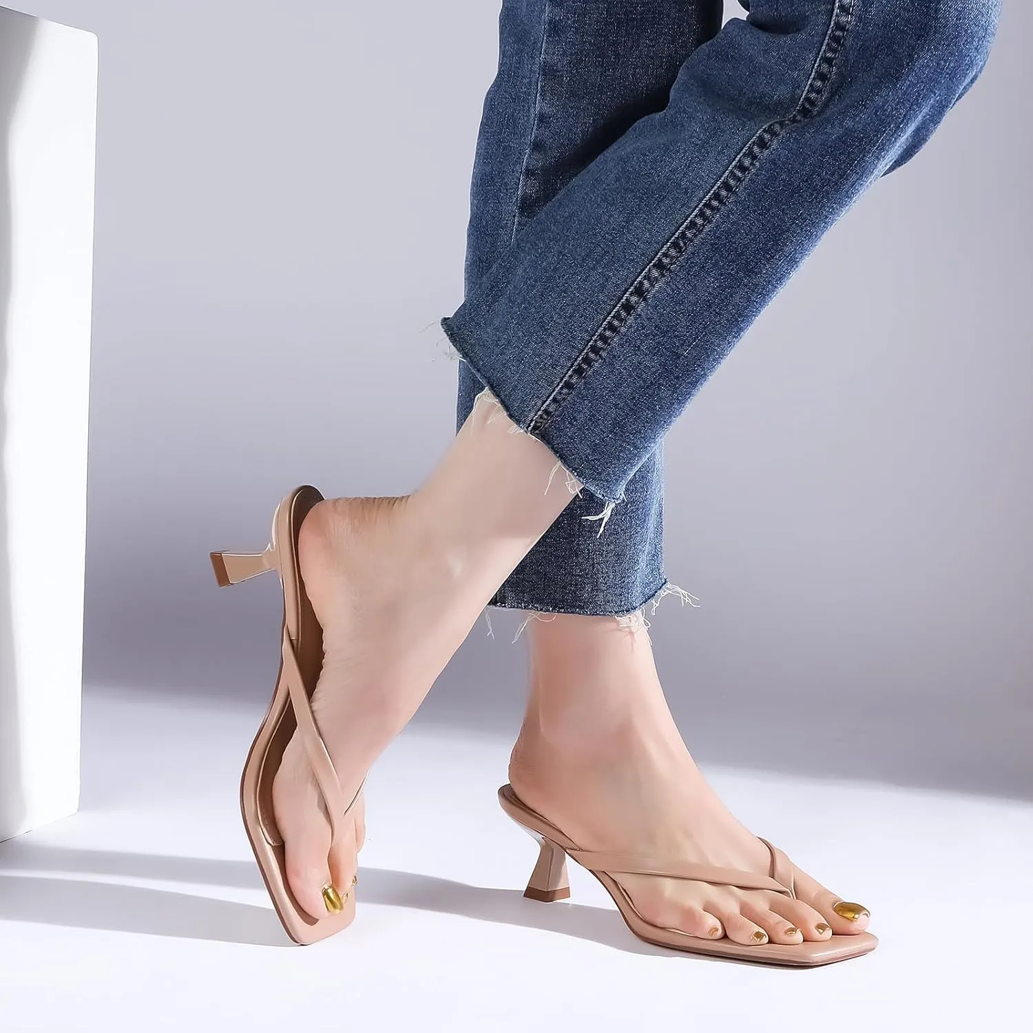 Kitten Flip Flop Thong Low Heels for Women Square Open Toe Slip On Slide Sandals