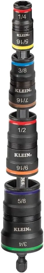 Klein Tools 32934 Impact Driver, 9-in-1 SAE Impact Socket Set, 4 Flip Sockets with 1/4, 5/16, 3/8, 7/16, 1/2, 9/16, 5/8, and 3/4-Inch Nut Driver Sizes with Bit Holder, 6-1/2-Inch Shaft