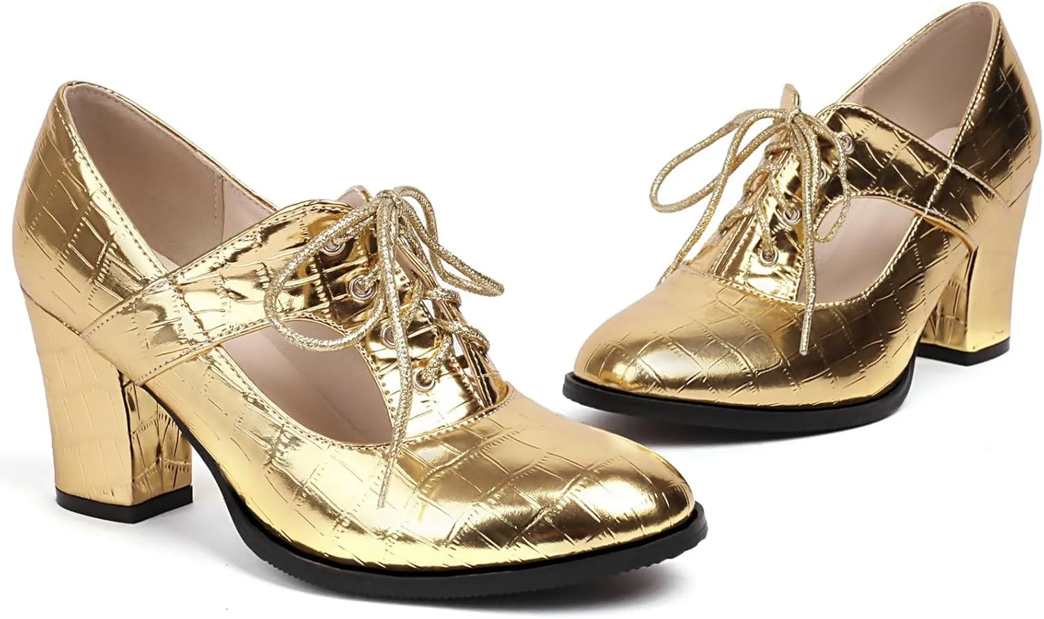 KysBloes Women Chunky Heel Oxford Shoes Lace Up Closed Toe Vintage Saddle Shoes Metallic Glitter Mid Heel Cut Out Booties