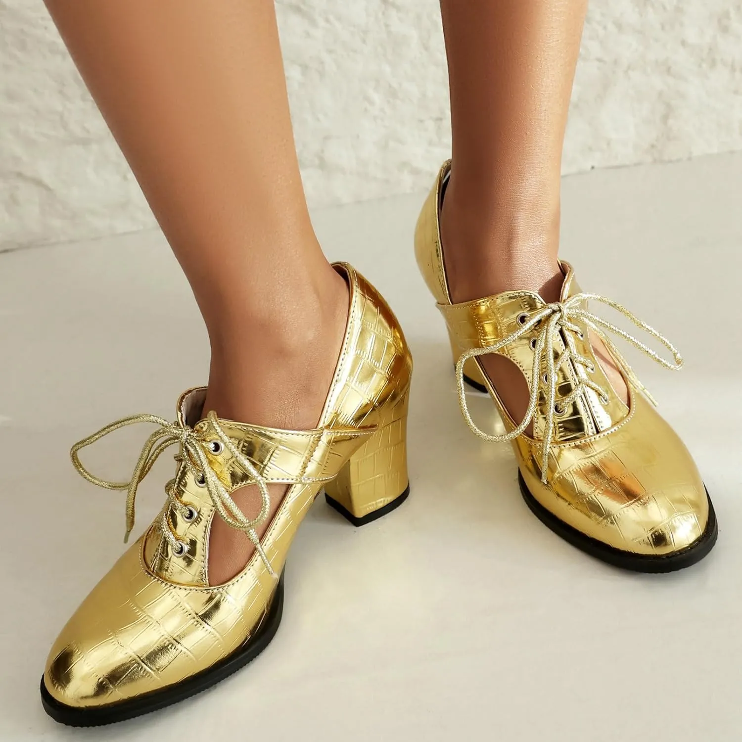 KysBloes Women Chunky Heel Oxford Shoes Lace Up Closed Toe Vintage Saddle Shoes Metallic Glitter Mid Heel Cut Out Booties