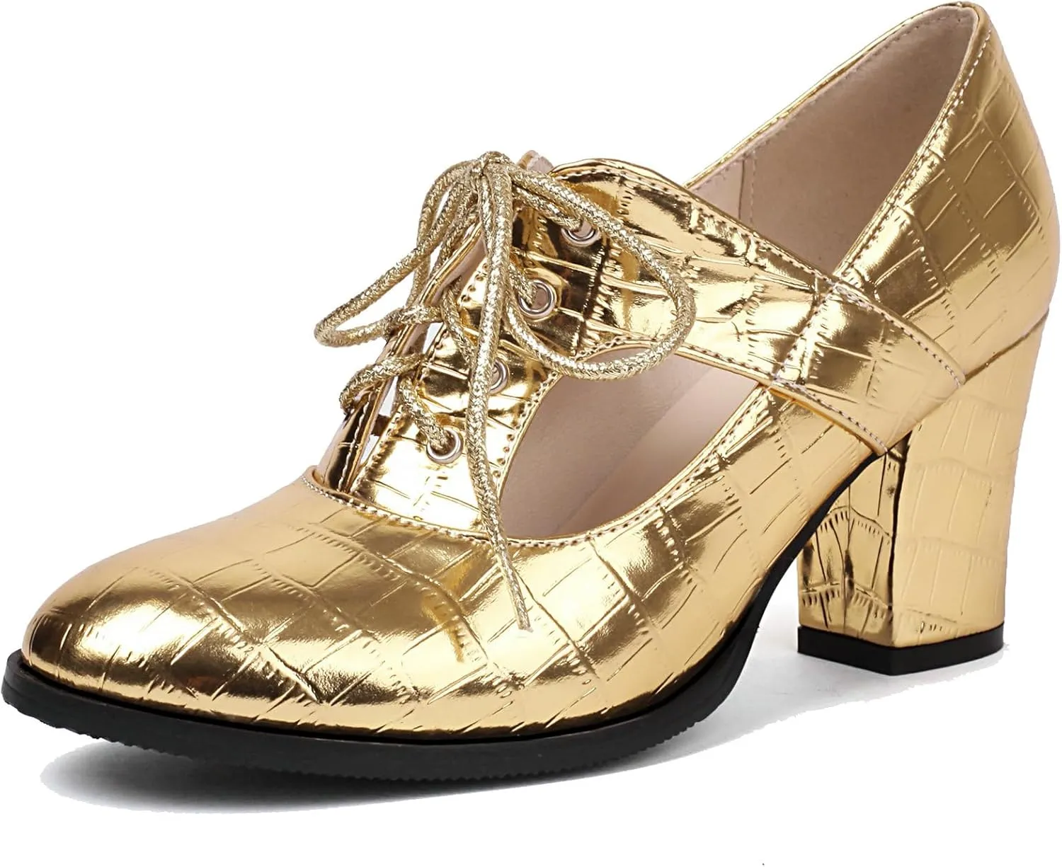 KysBloes Women Chunky Heel Oxford Shoes Lace Up Closed Toe Vintage Saddle Shoes Metallic Glitter Mid Heel Cut Out Booties