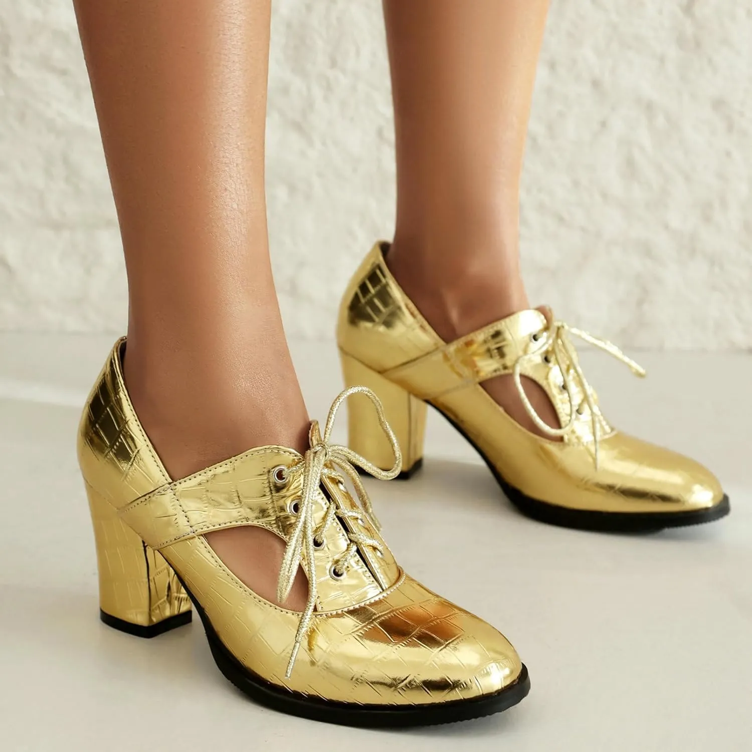 KysBloes Women Chunky Heel Oxford Shoes Lace Up Closed Toe Vintage Saddle Shoes Metallic Glitter Mid Heel Cut Out Booties